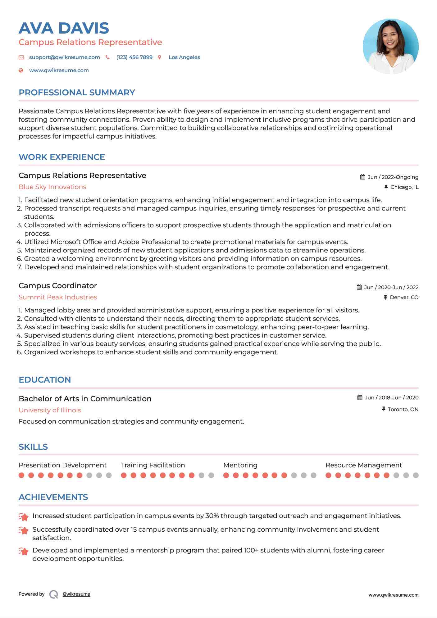 Campus Relations Representative Resume Template