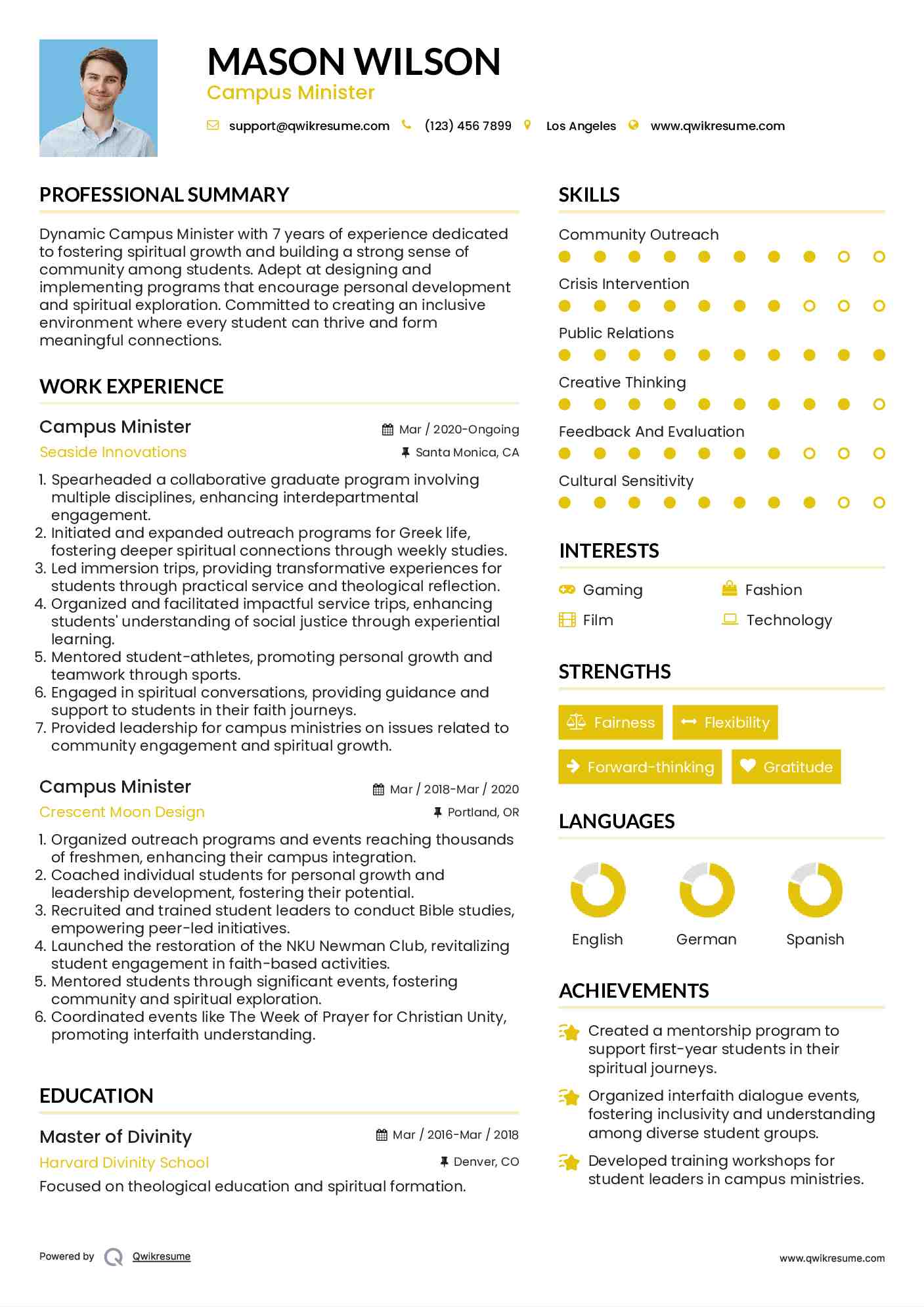 Campus Minister Resume Model