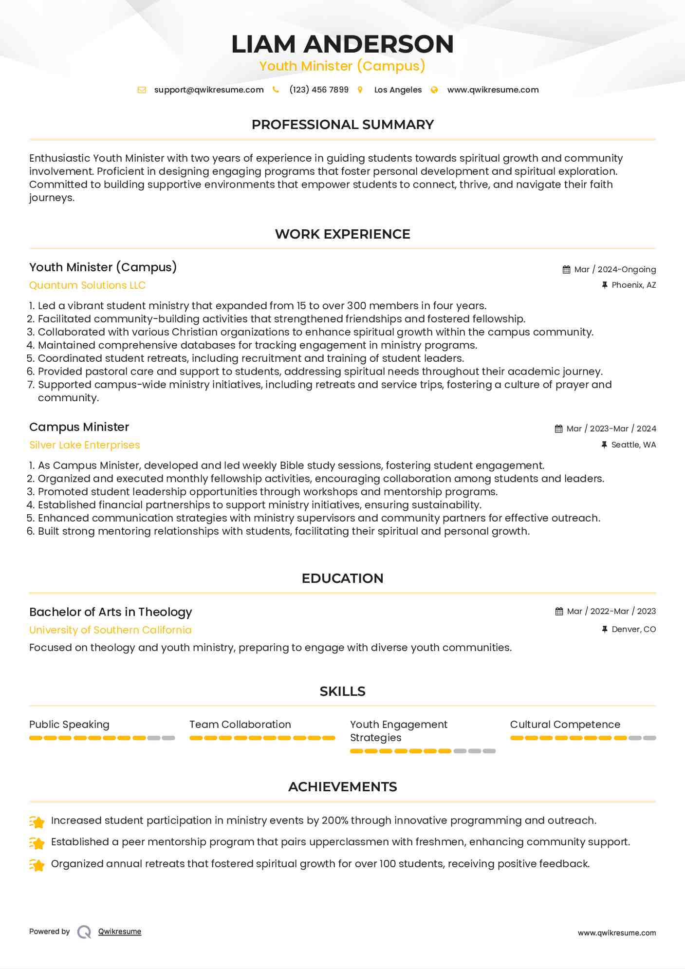 Youth Minister (Campus) Resume Template