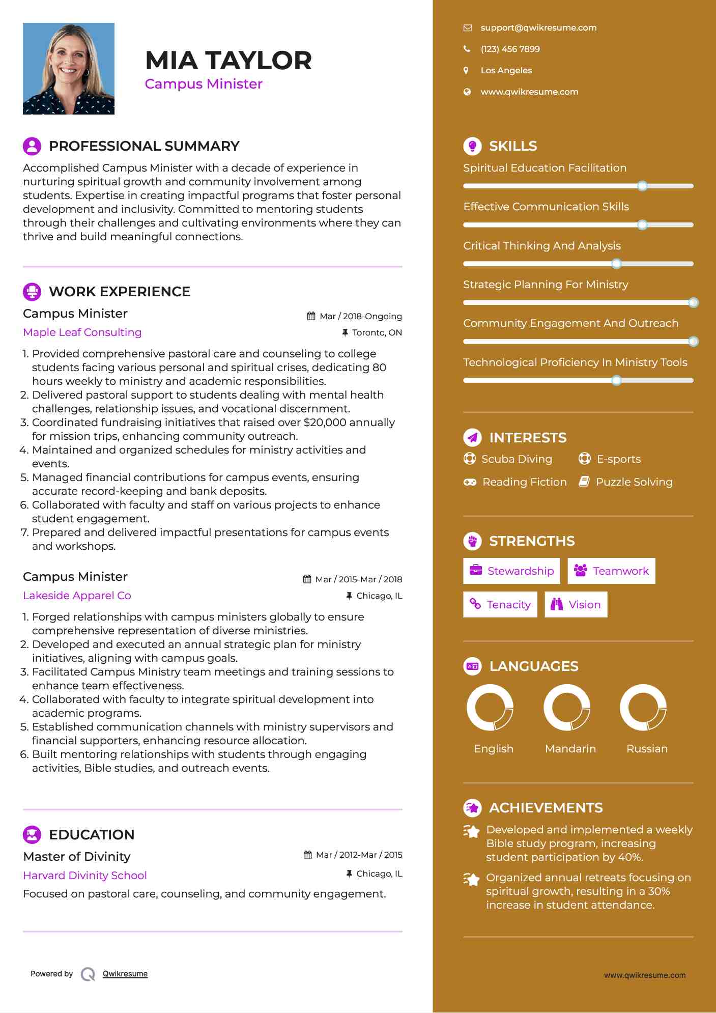 Campus Minister Resume Sample