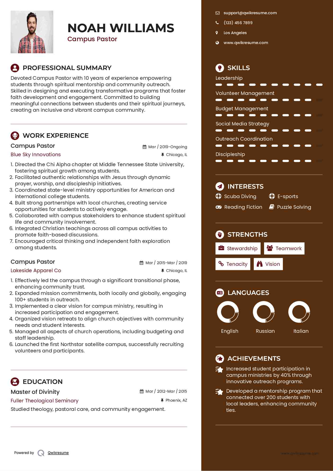 Campus Pastor Resume Example