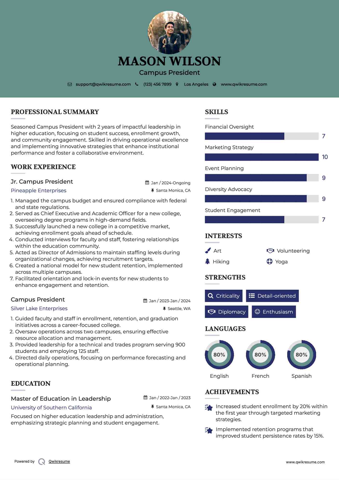 Jr. Campus President Resume Format