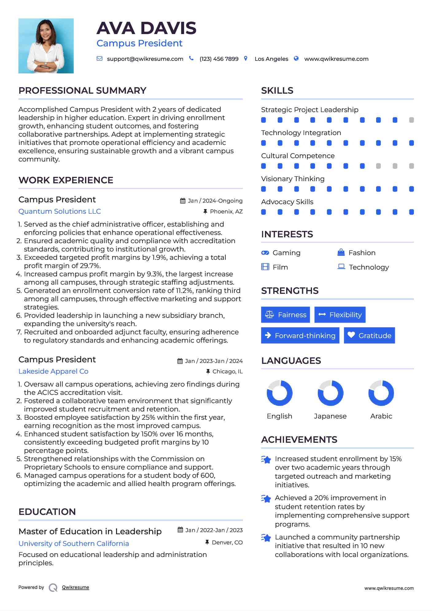 Campus President Resume Sample