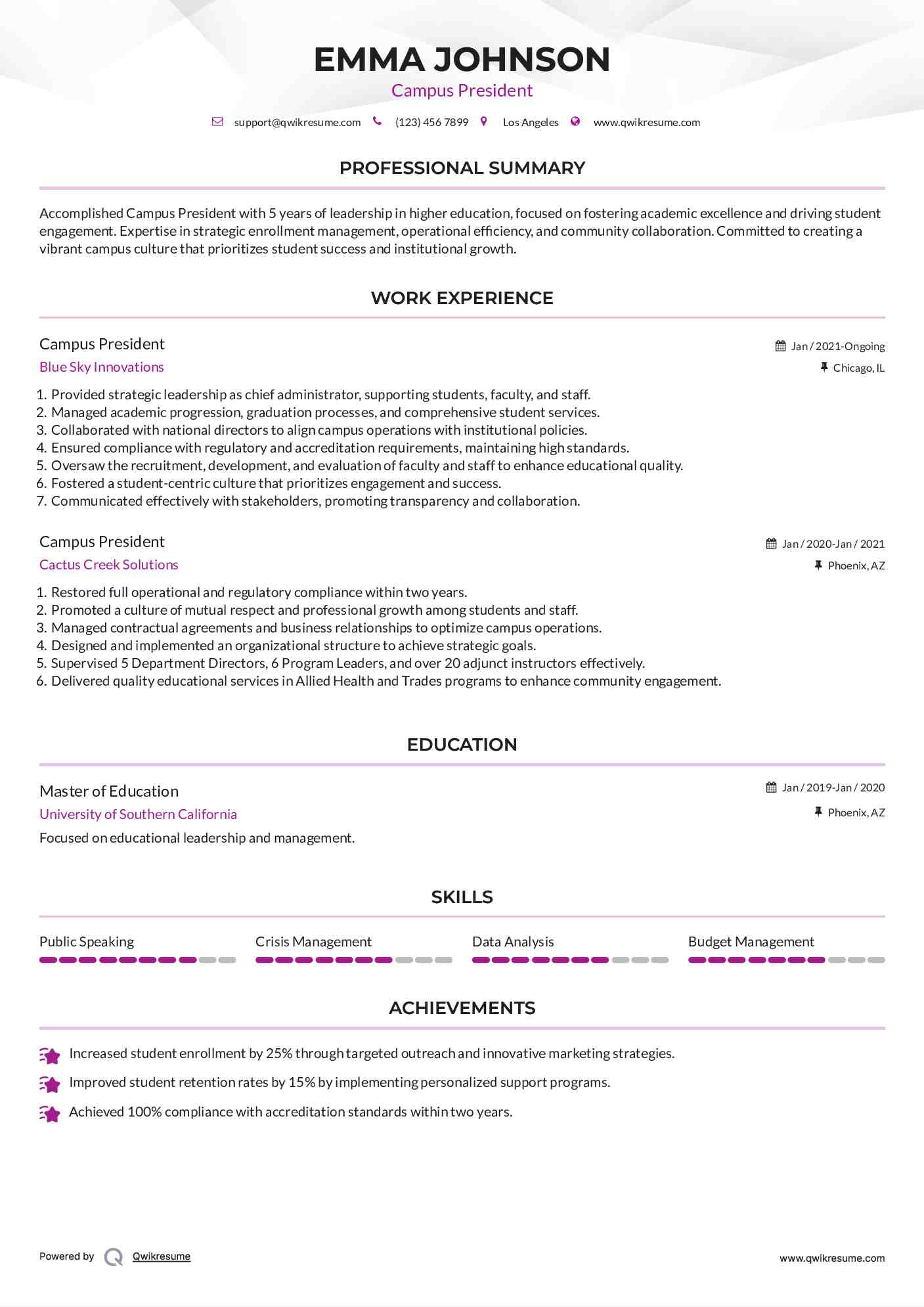 Campus President Resume Example