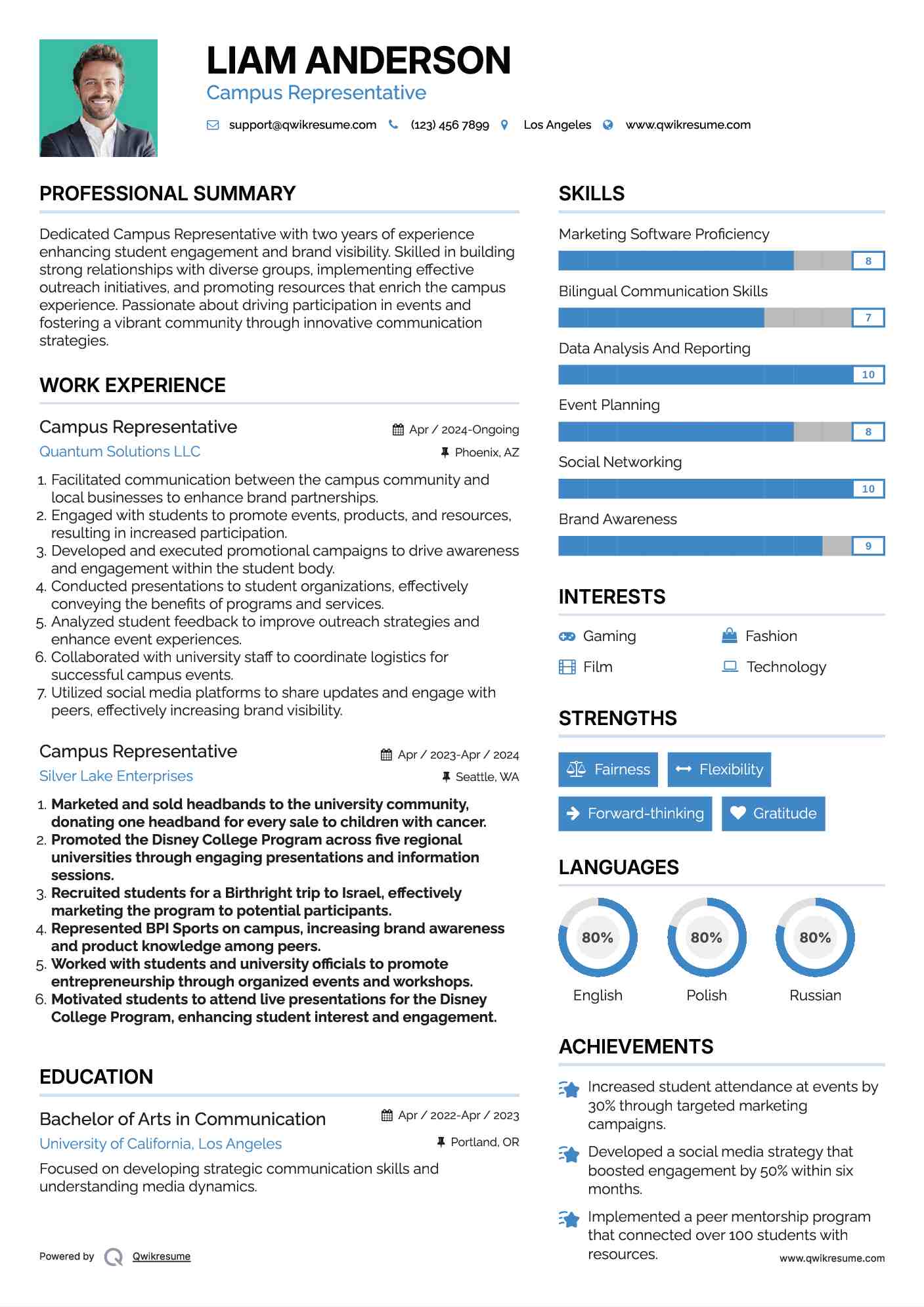 Campus Representative Resume Sample
