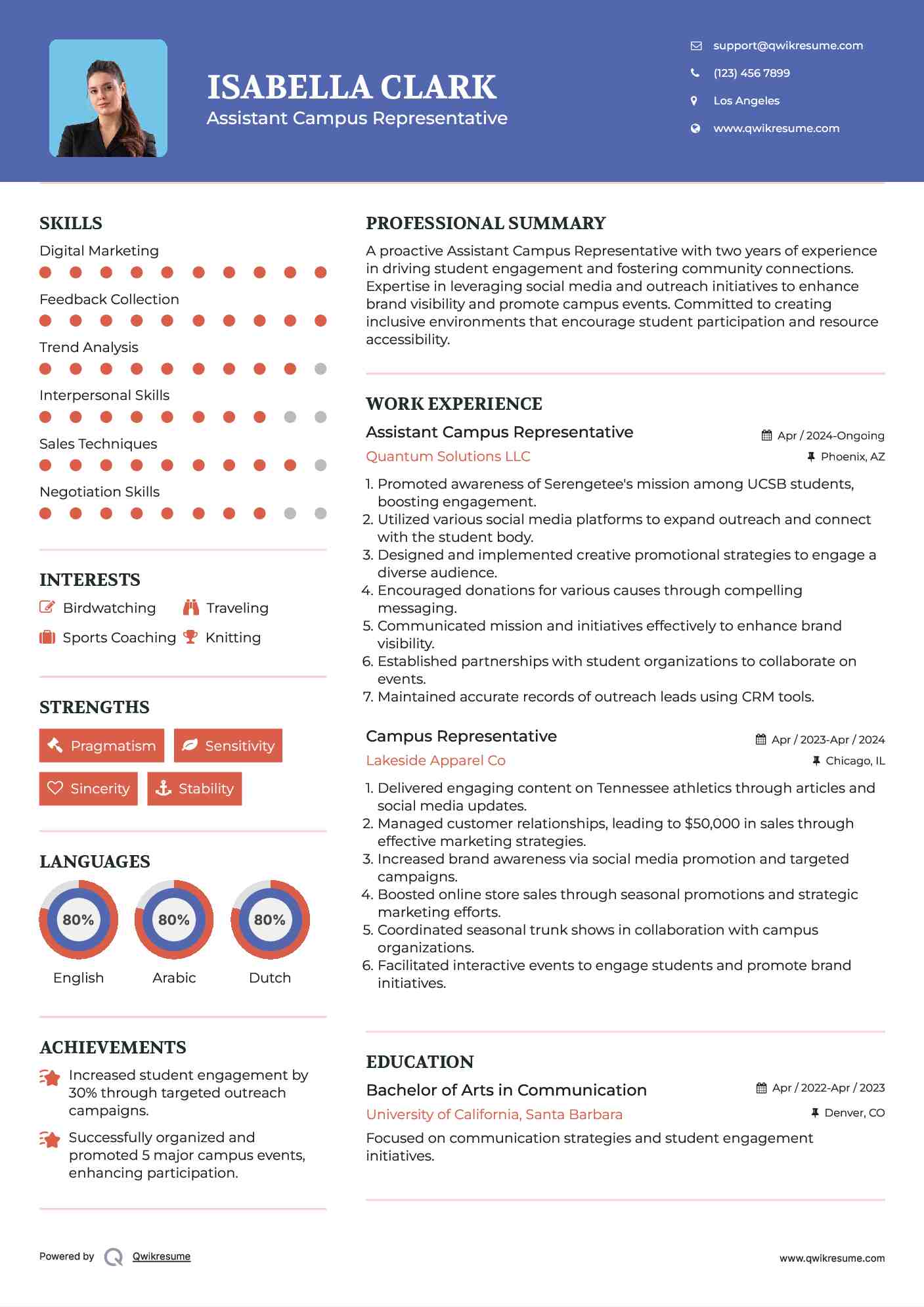 Assistant Campus Representative Resume Format