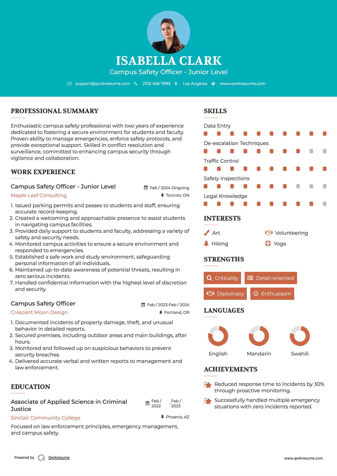 Campus Safety Officer - Junior Level Resume Model