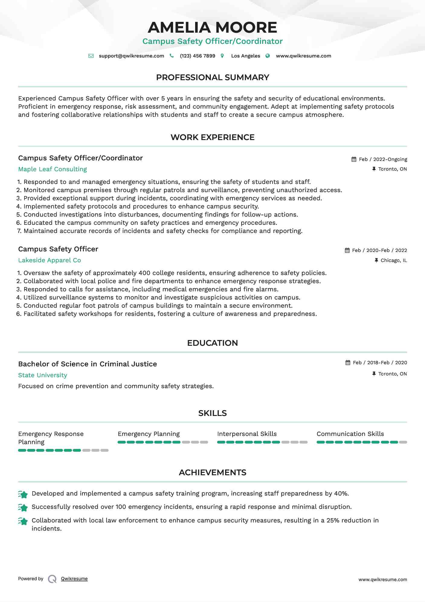 Campus Safety Officer/Coordinator Resume Template
