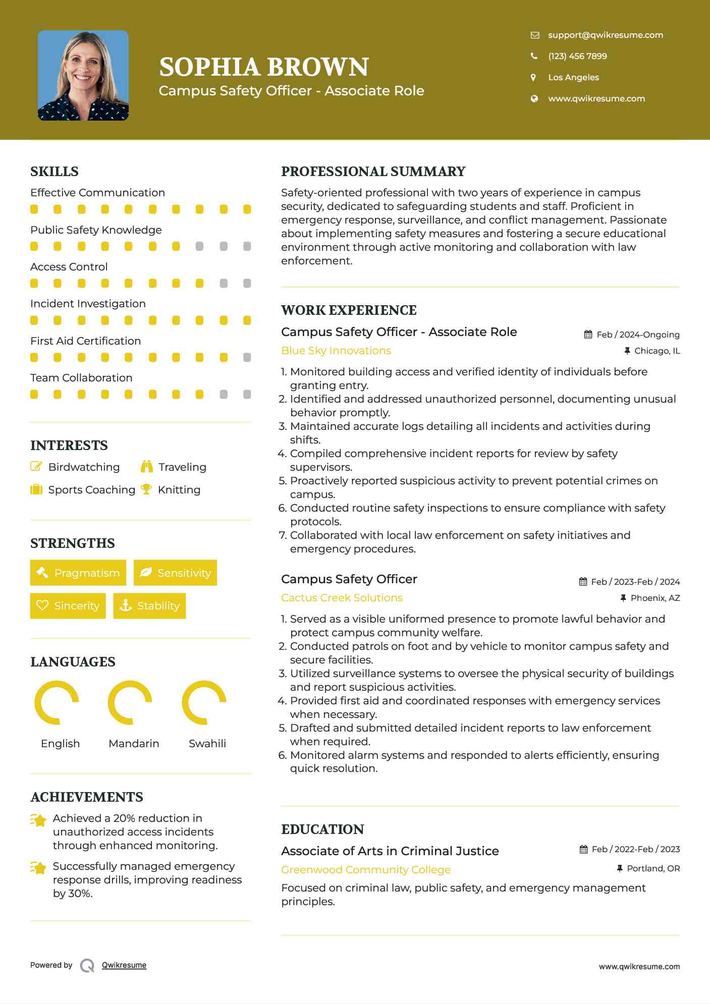 Campus Safety Officer - Associate Role Resume Template
