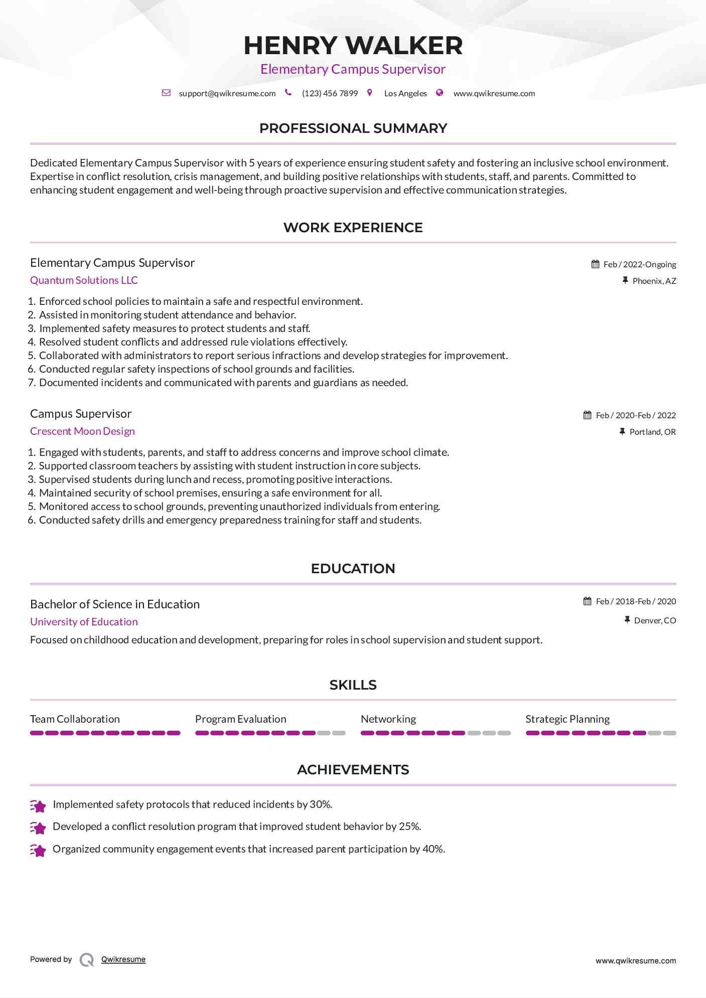 Elementary Campus Supervisor Resume Example