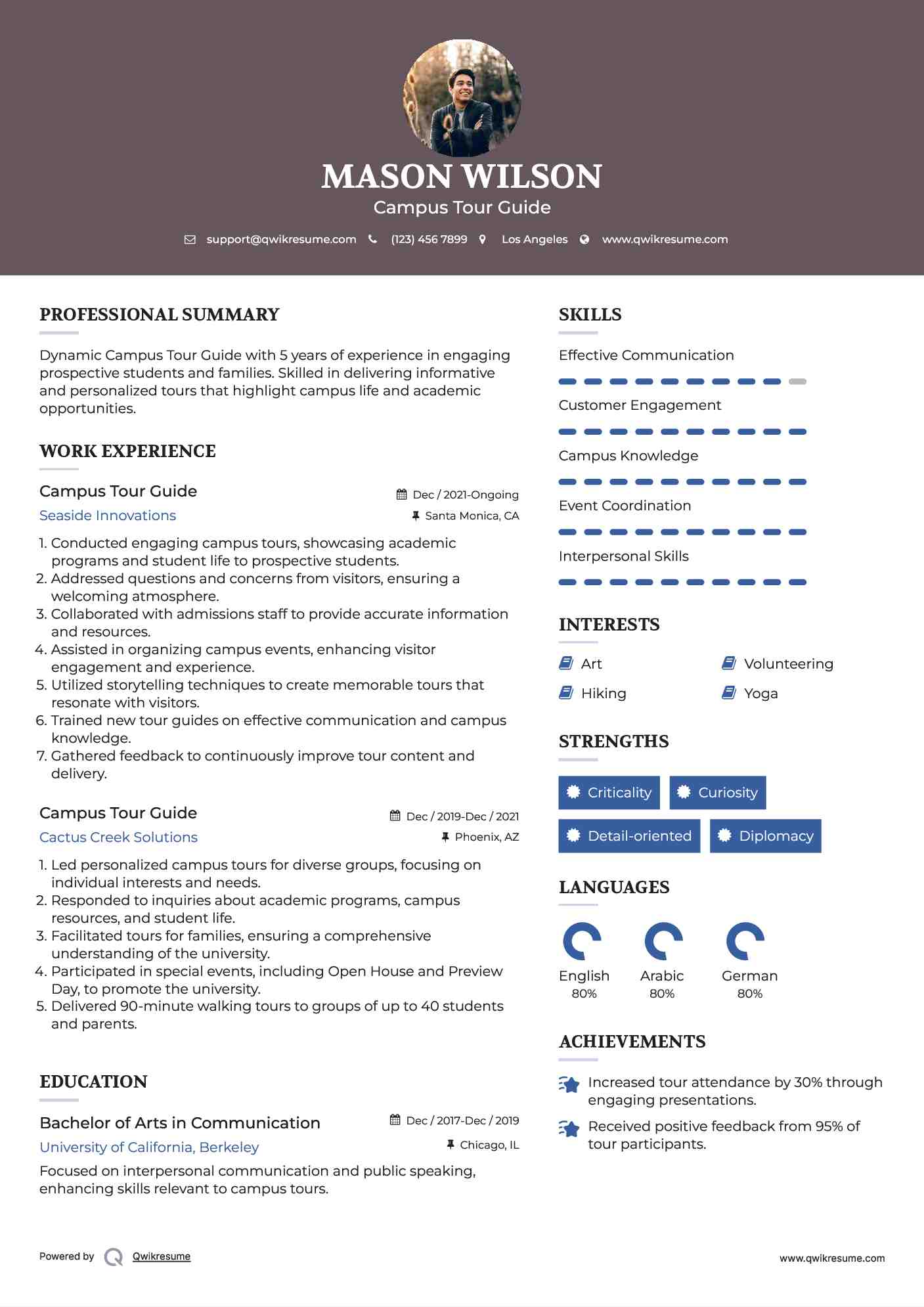 Campus Tour Guide Resume Example
