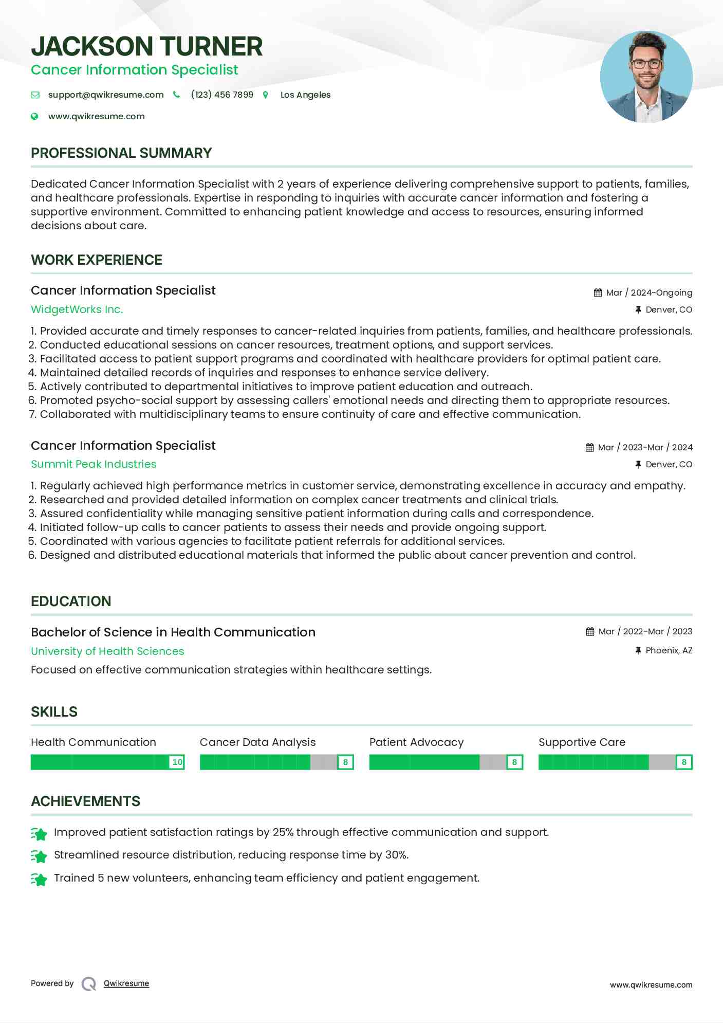 Cancer Information Specialist Resume Model