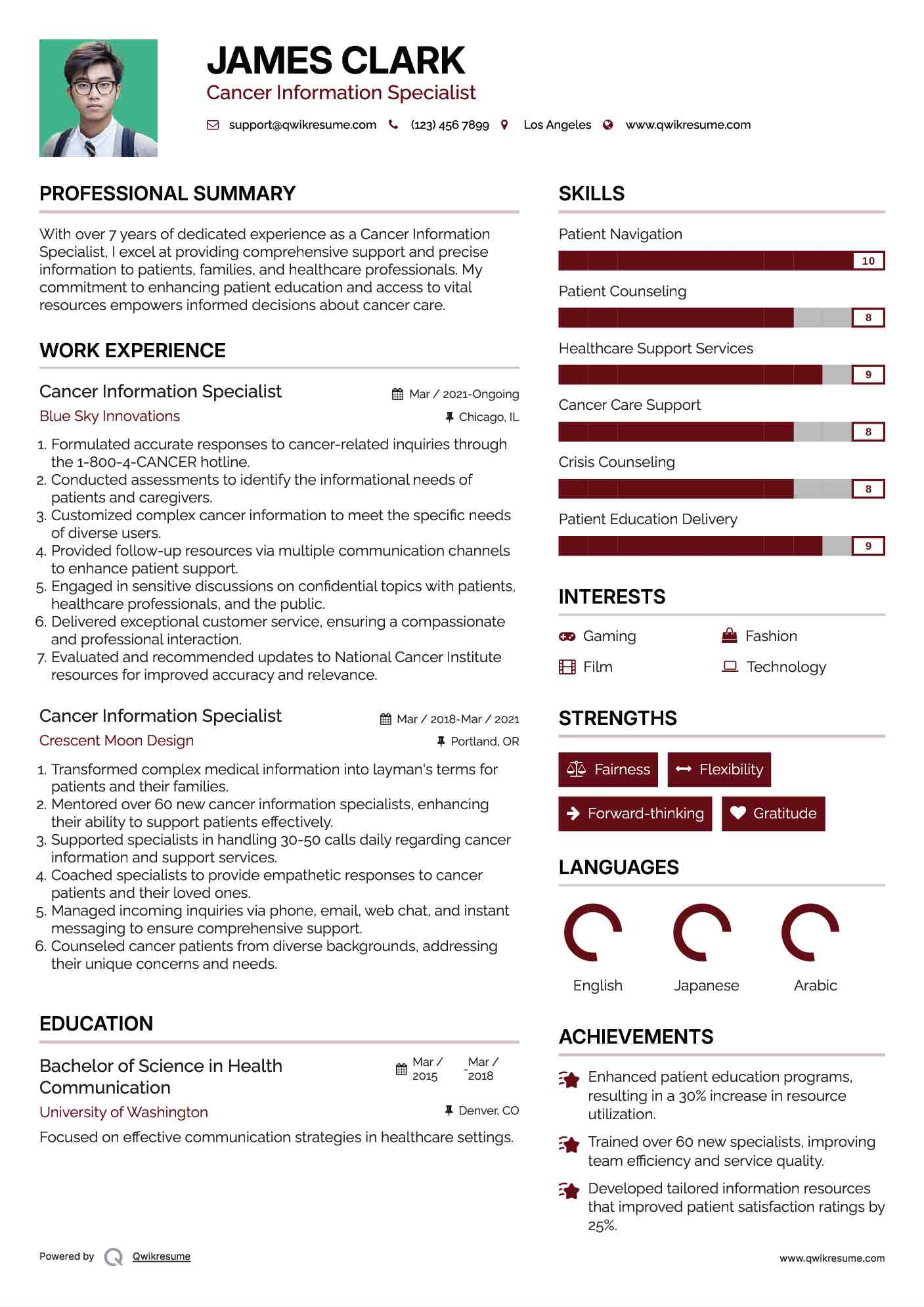 Cancer Information Specialist Resume Sample