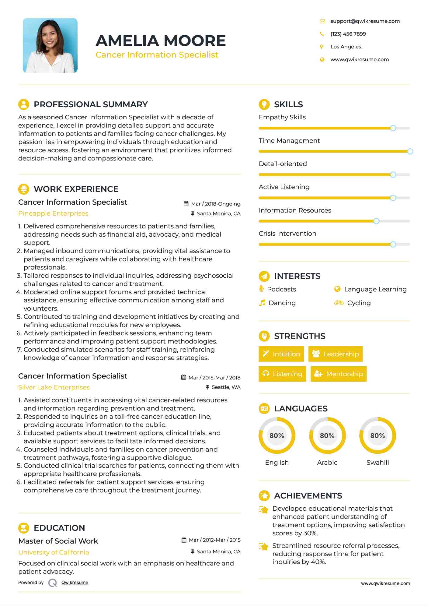 Cancer Information Specialist Resume Sample