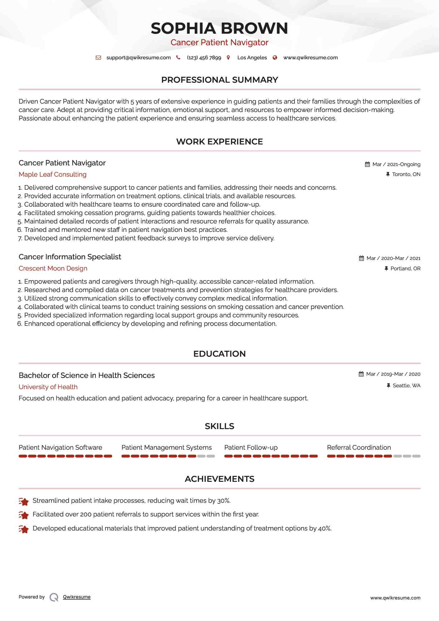Cancer Patient Navigator Resume Example