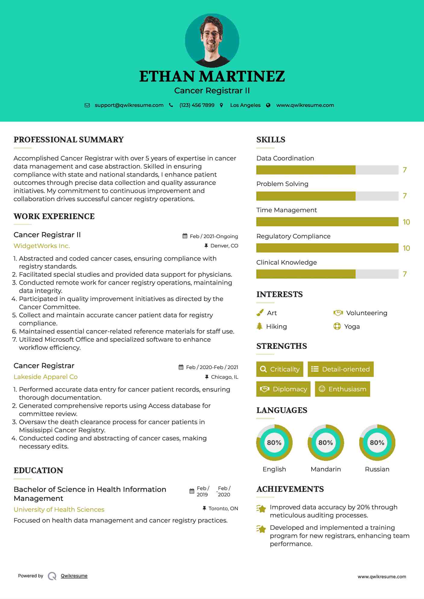 Cancer Registrar II Resume Format