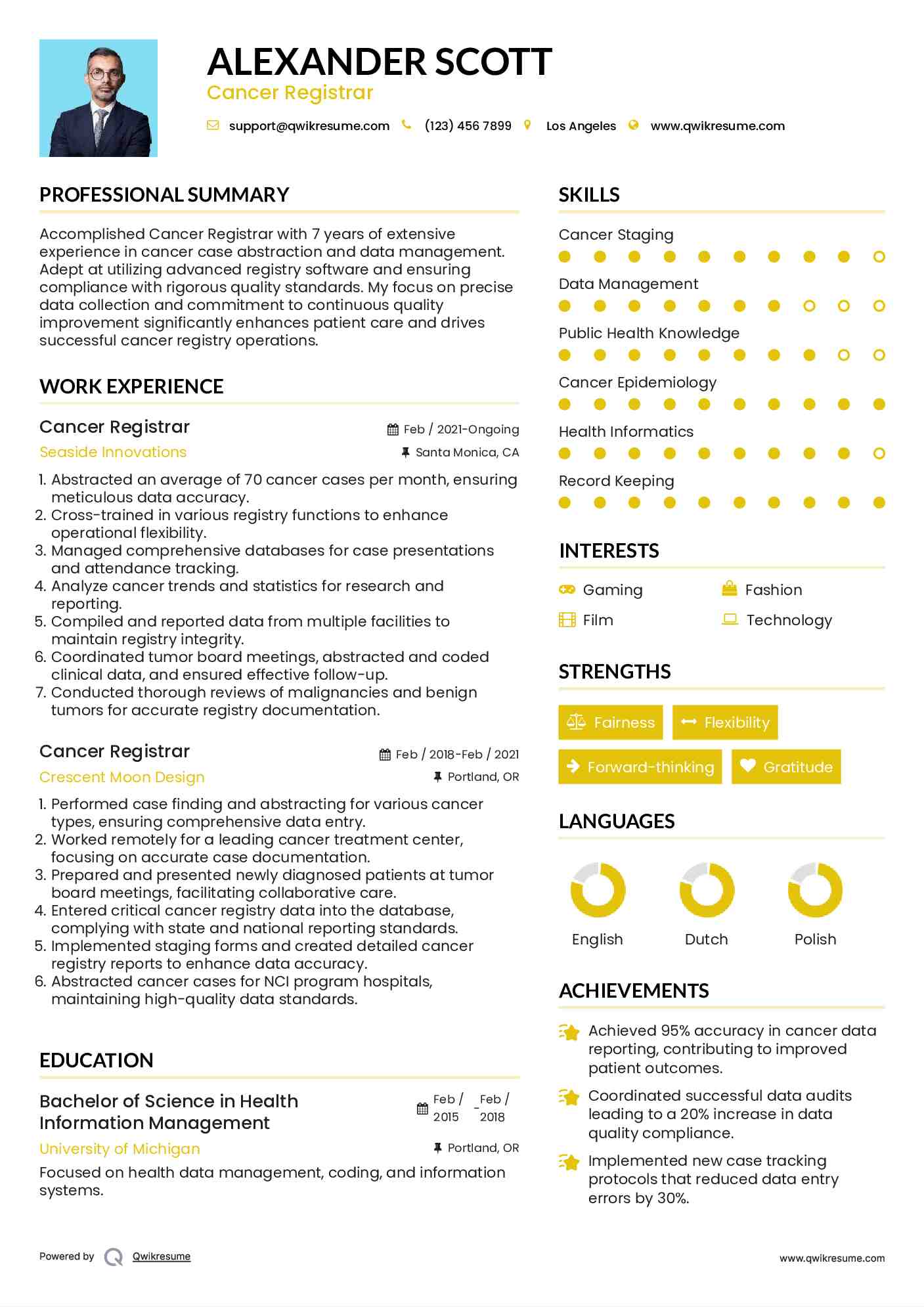 Cancer Registrar Resume Model