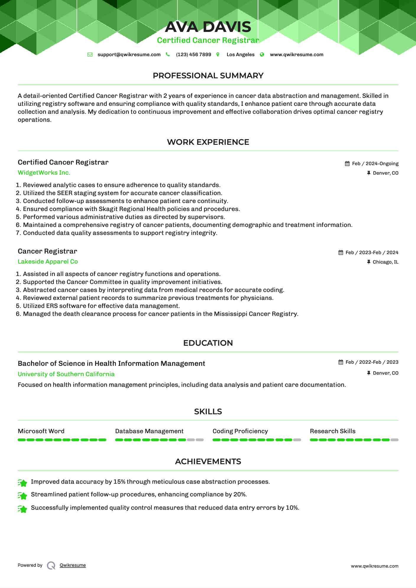 Certified Cancer Registrar Resume Template