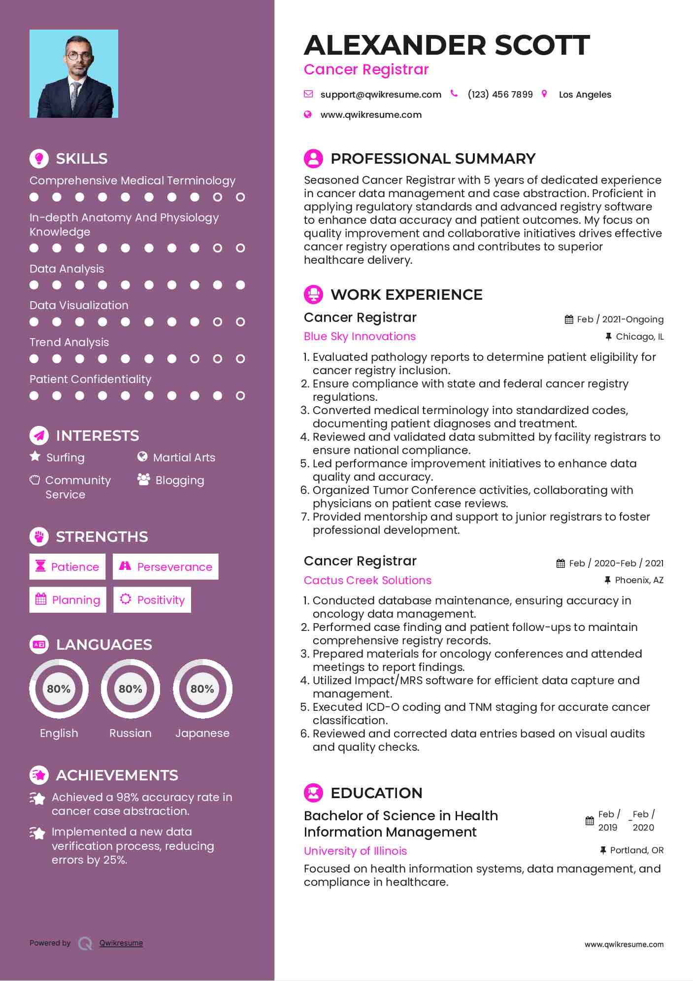 Cancer Registrar Resume Sample