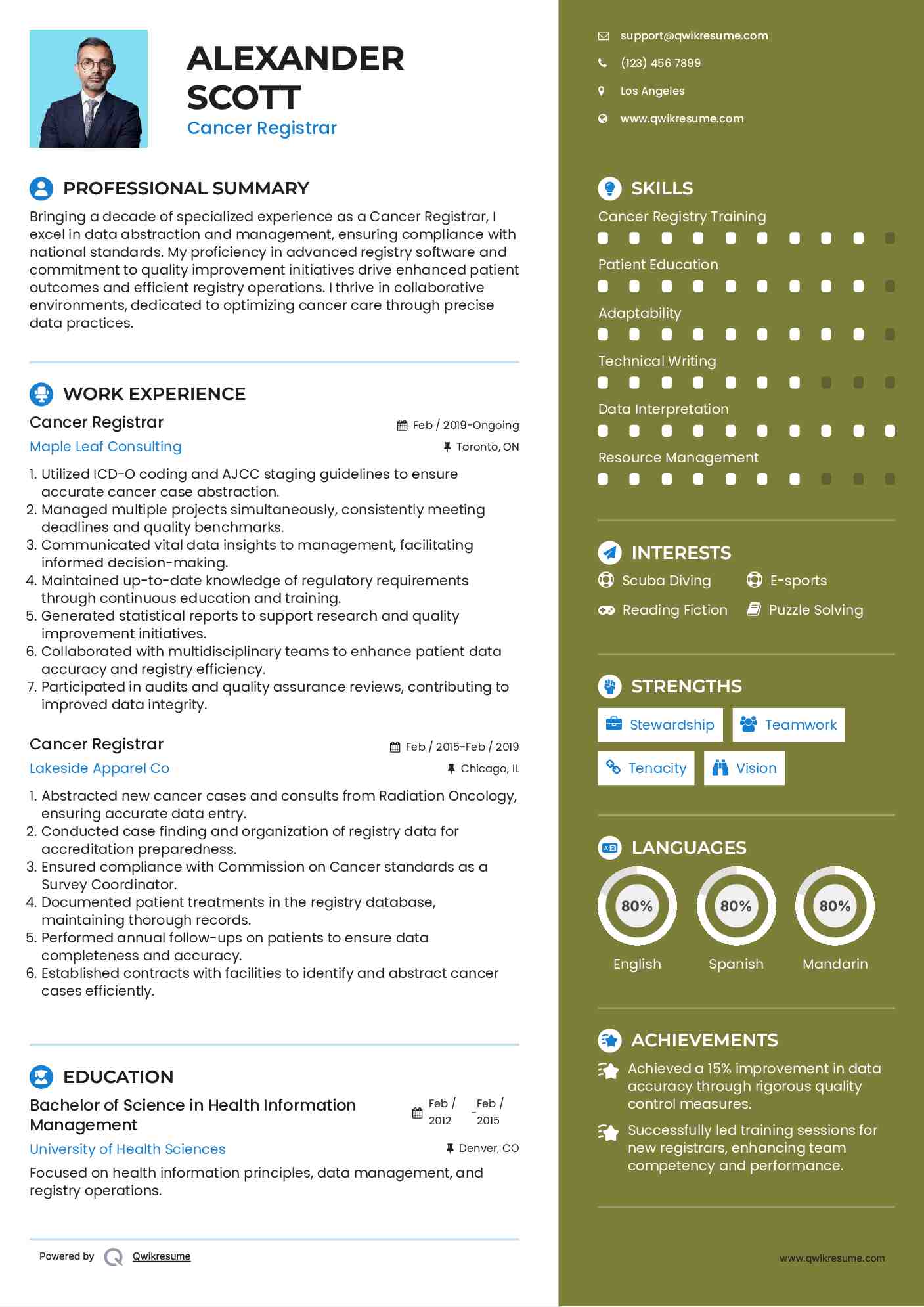 Cancer Registrar Resume Template