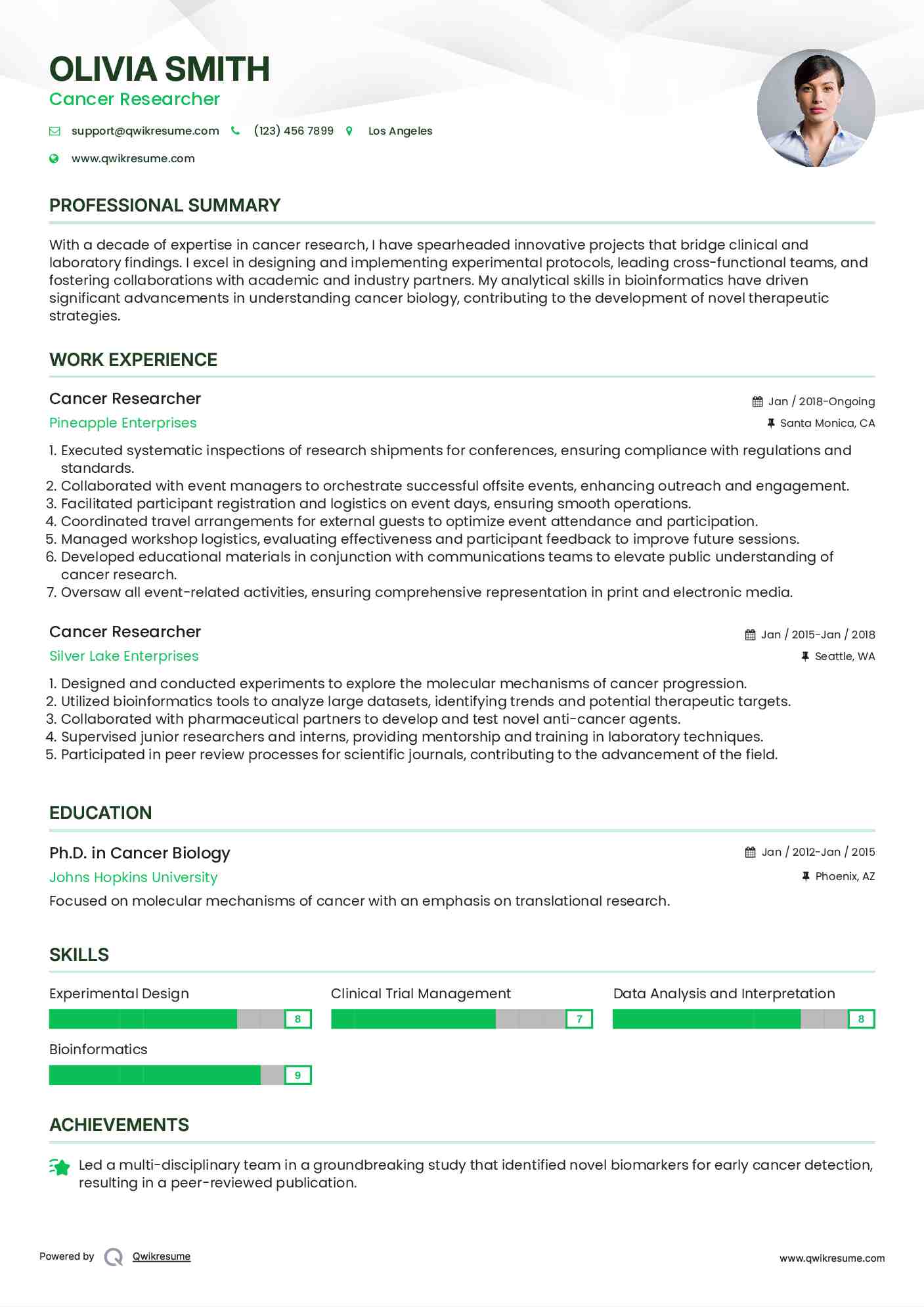 Cancer Researcher Resume Model