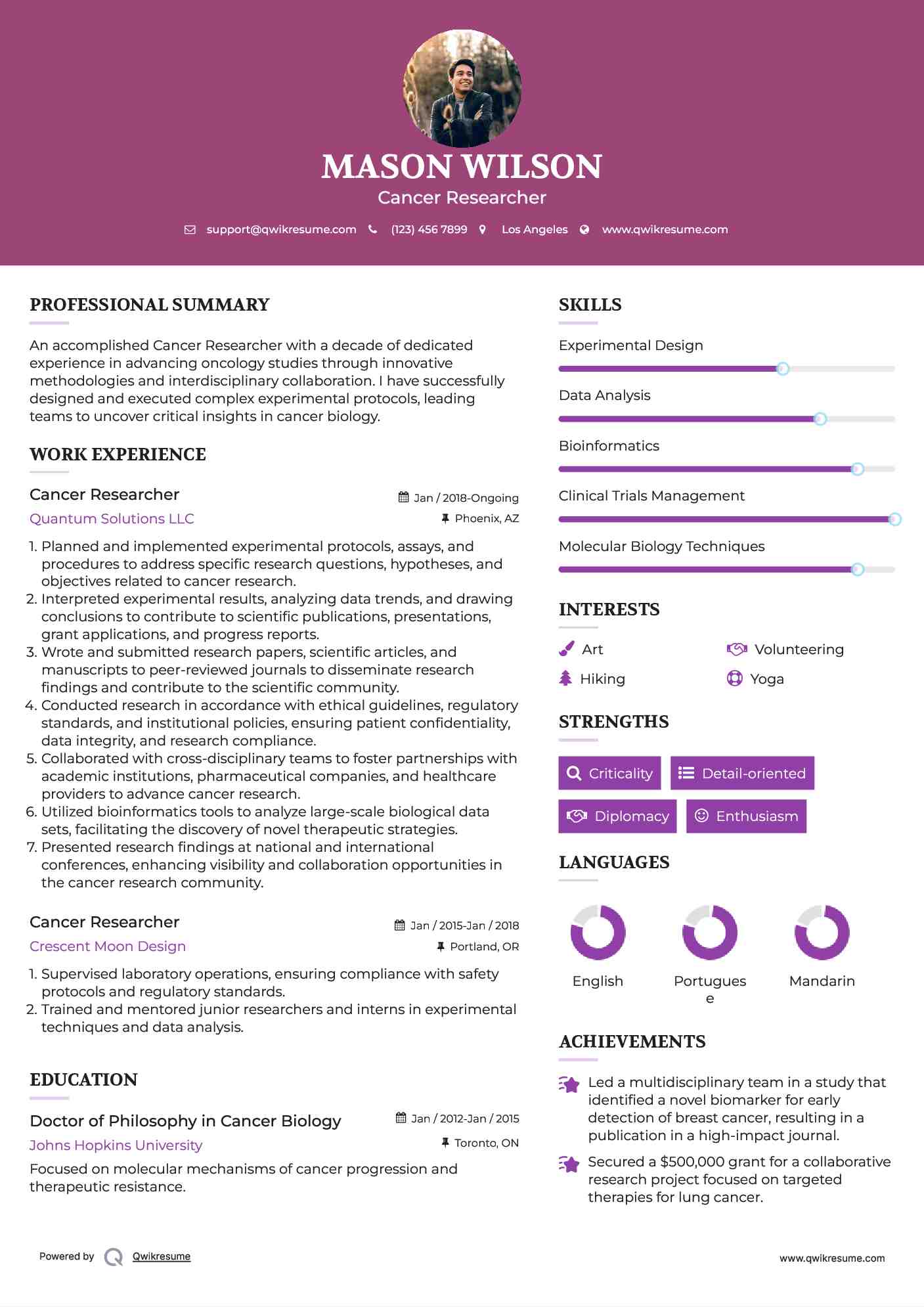 Cancer Researcher Resume Model