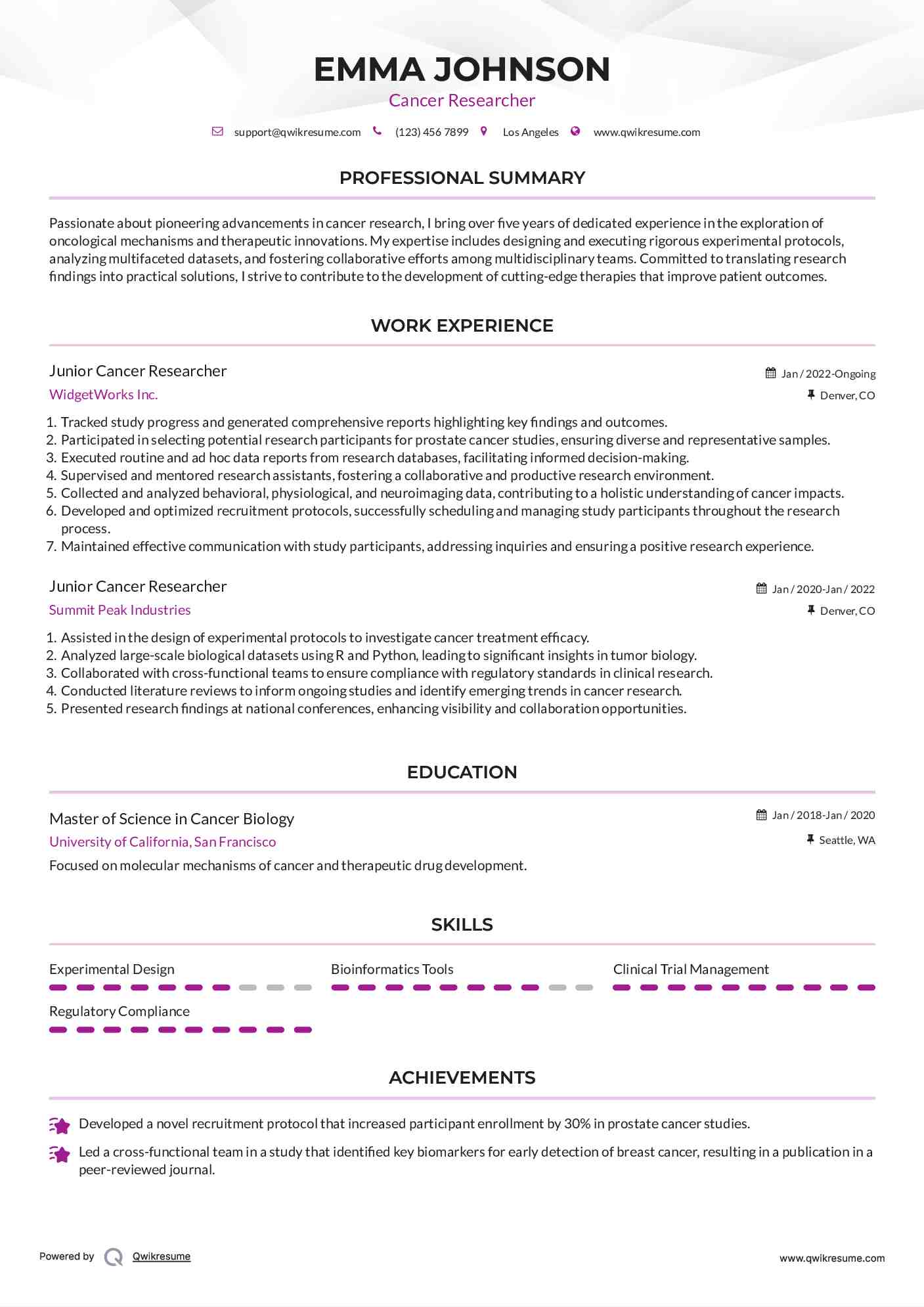 Junior Cancer Researcher Resume Template