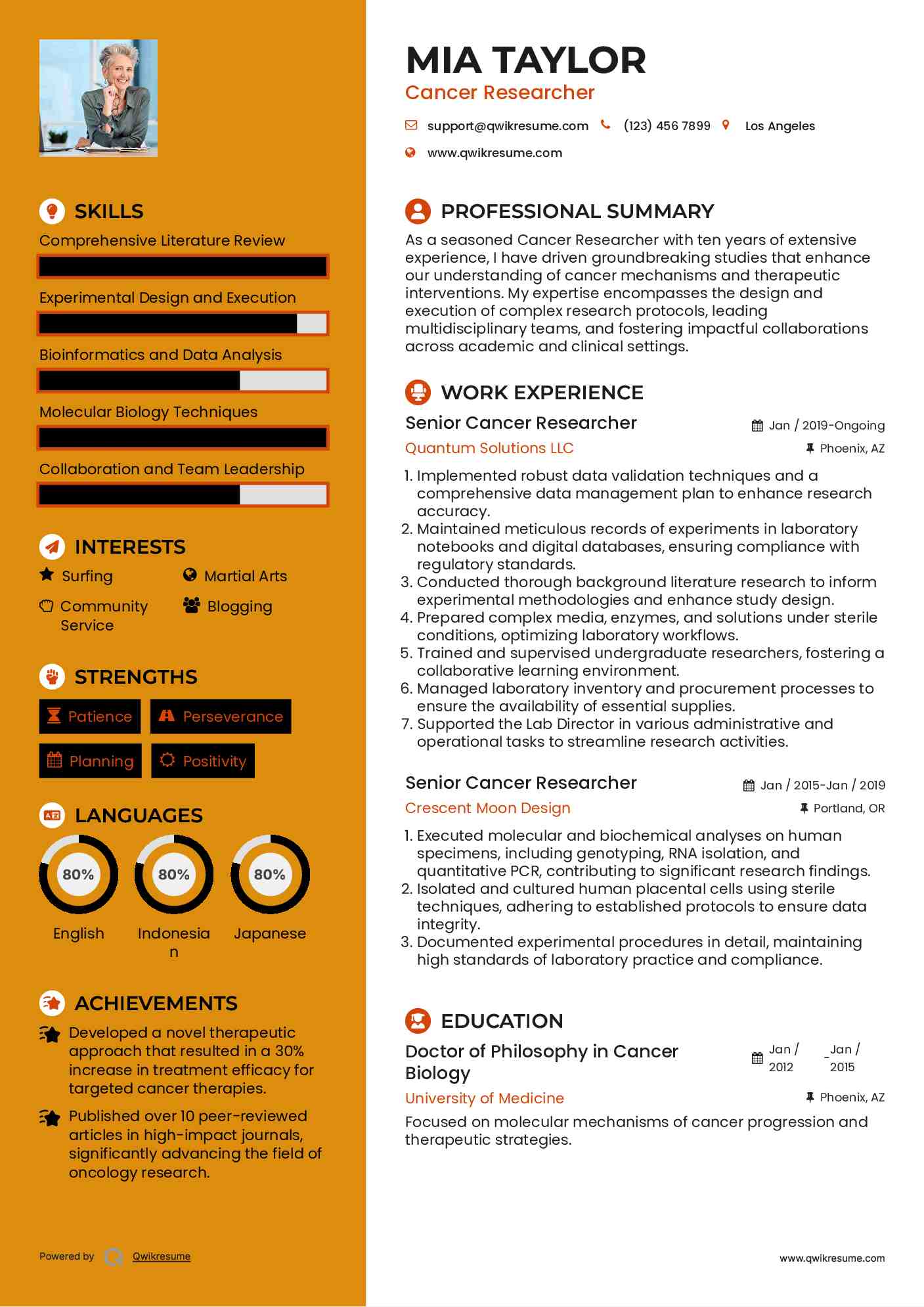 Senior Cancer Researcher Resume Example
