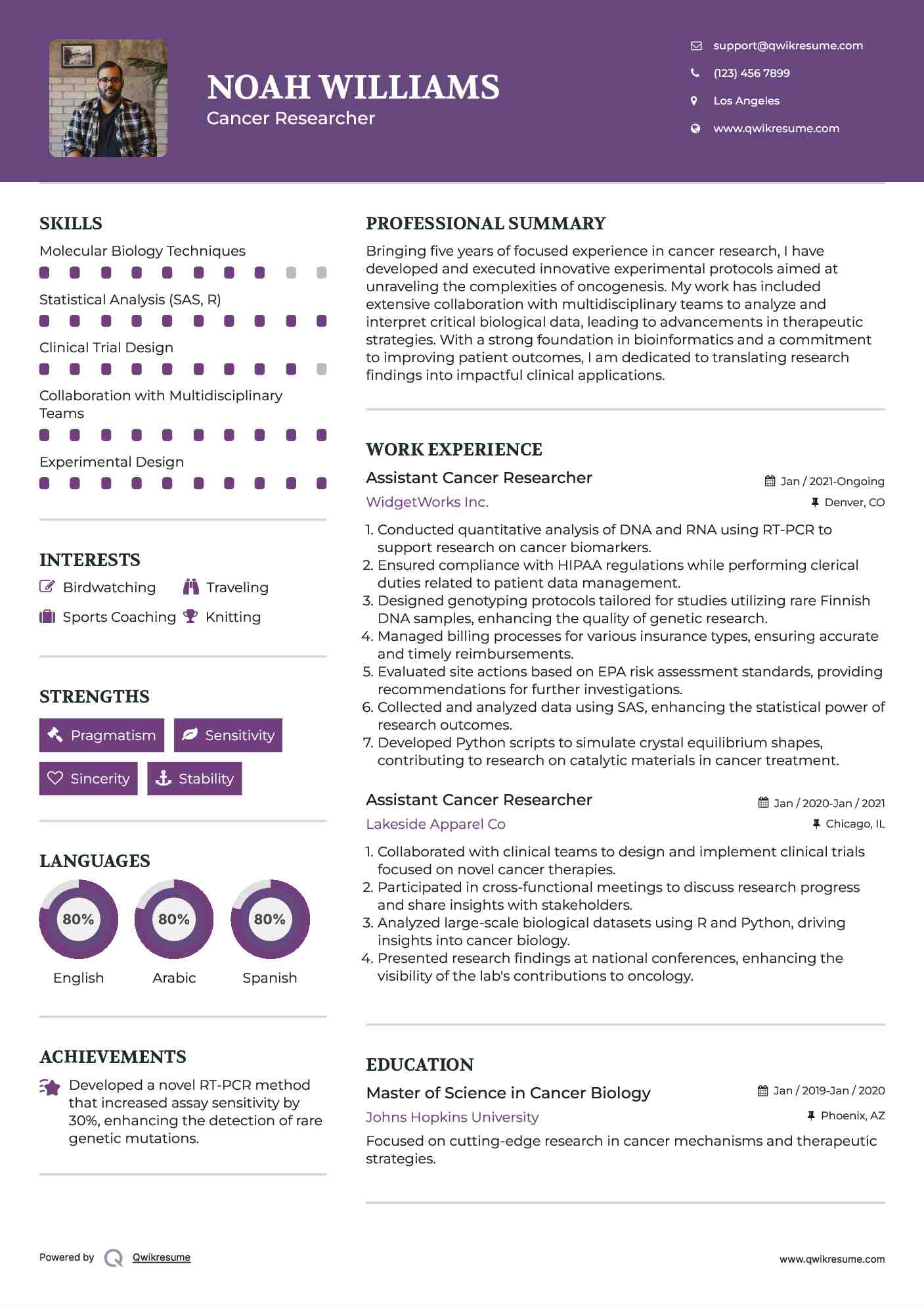 Assistant Cancer Researcher Resume Sample
