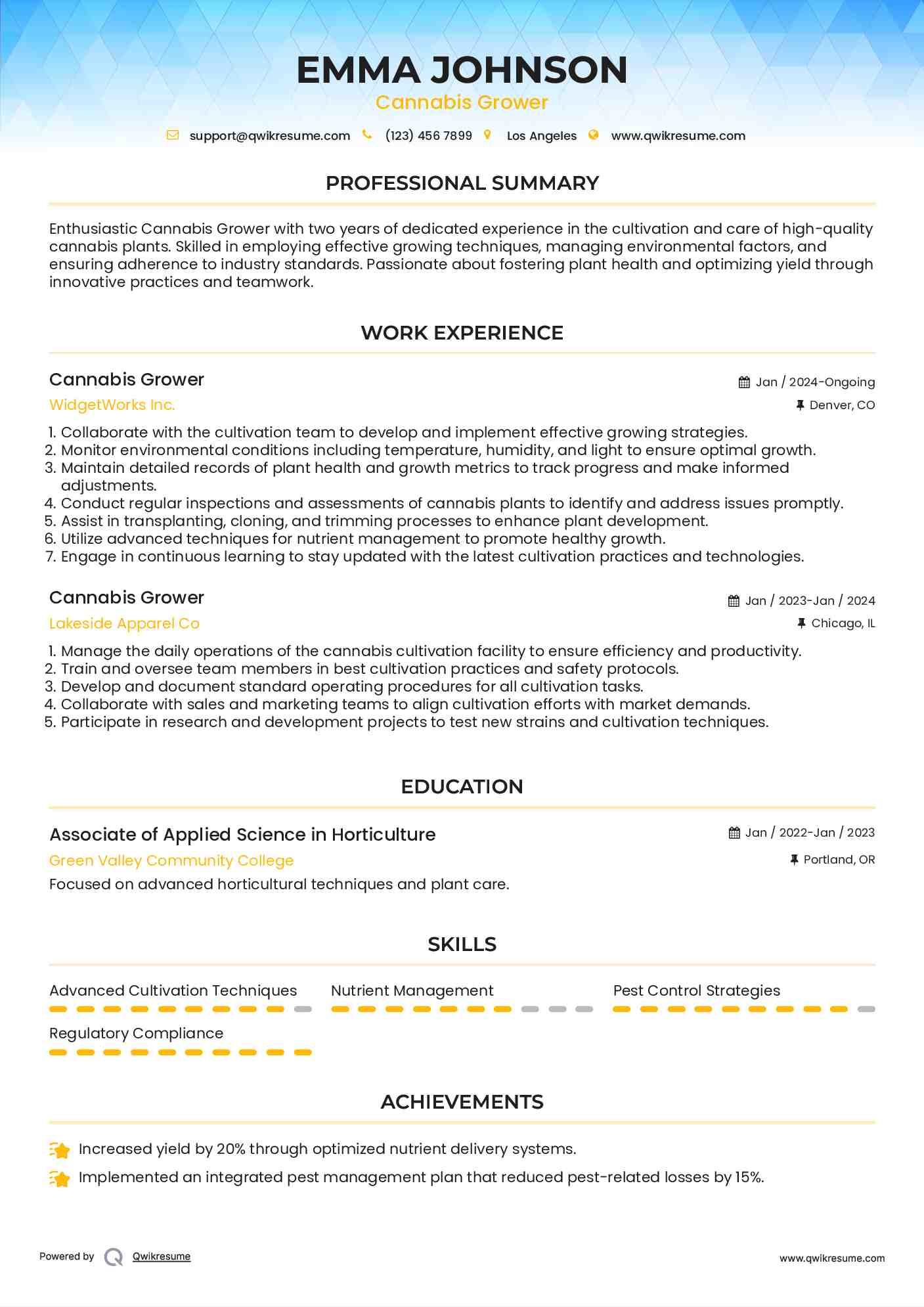 Cannabis Grower Resume Template