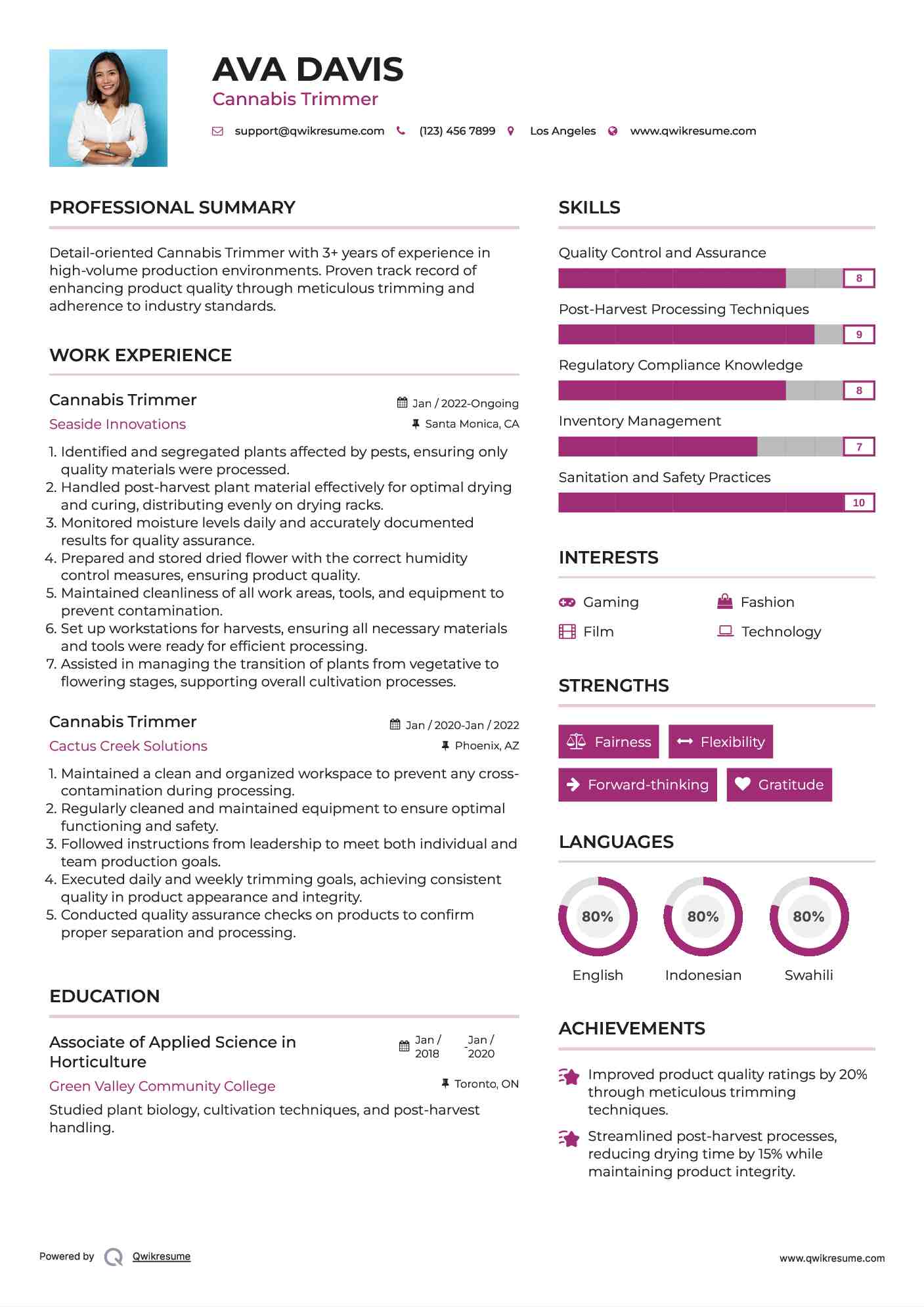 Cannabis Trimmer Resume Example