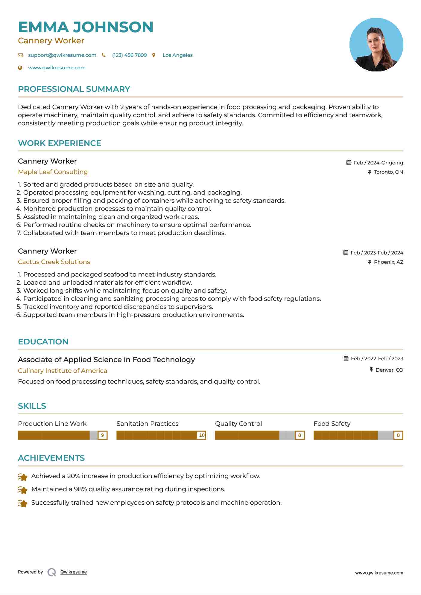 Cannery Worker Resume Sample