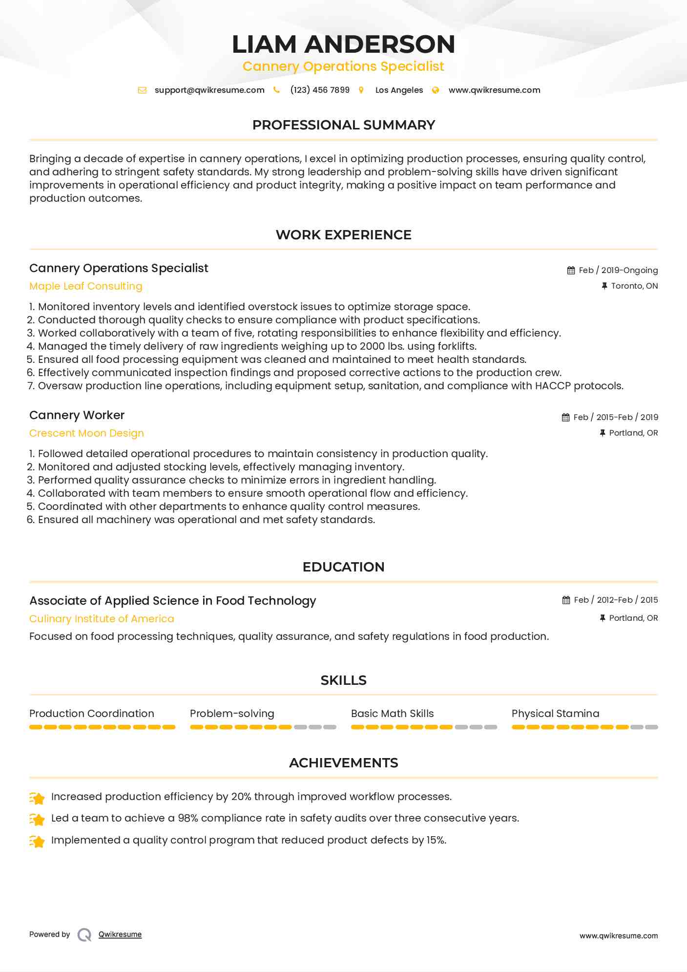 Cannery Operations Specialist Resume Sample
