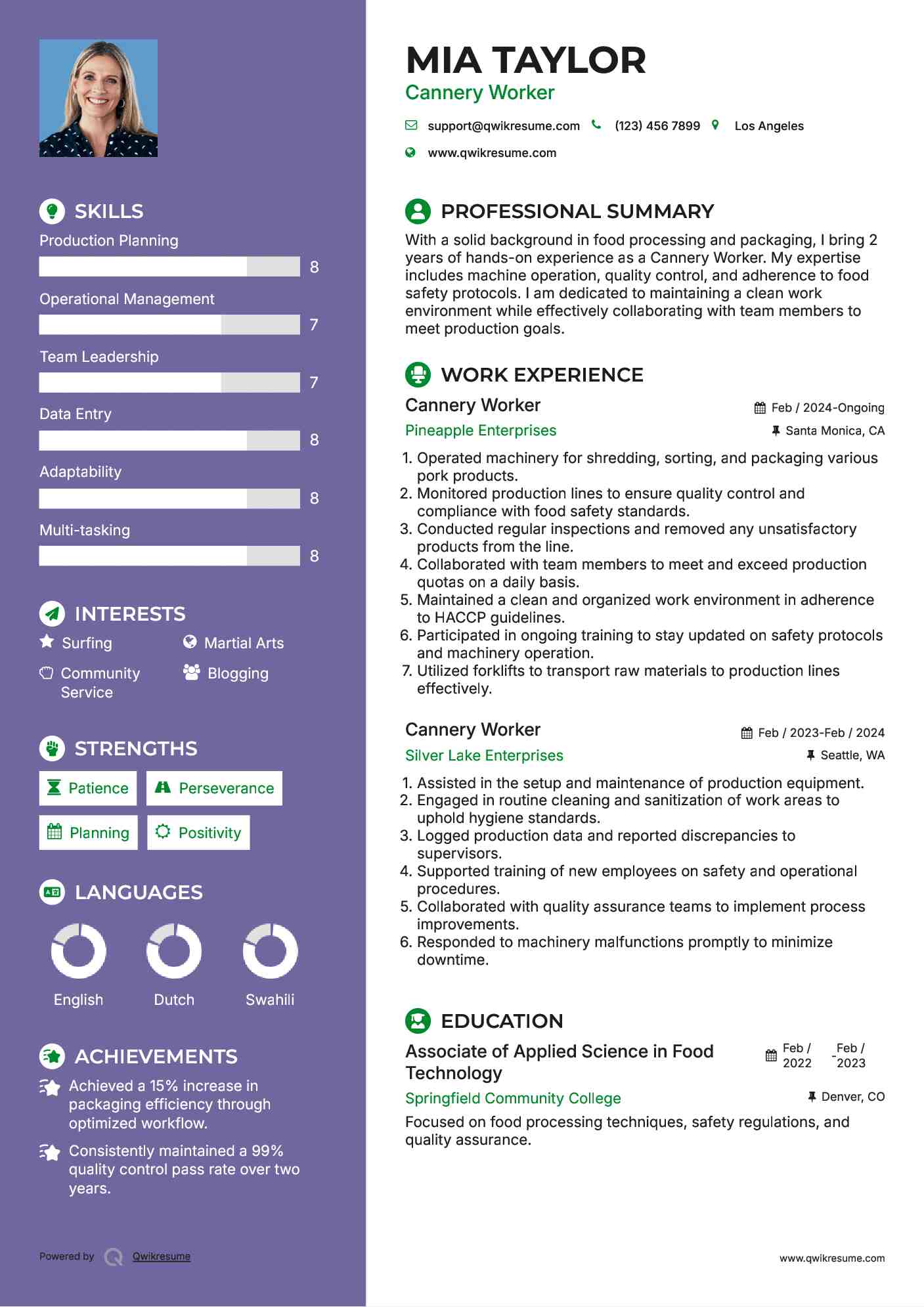 Cannery Worker Resume Sample