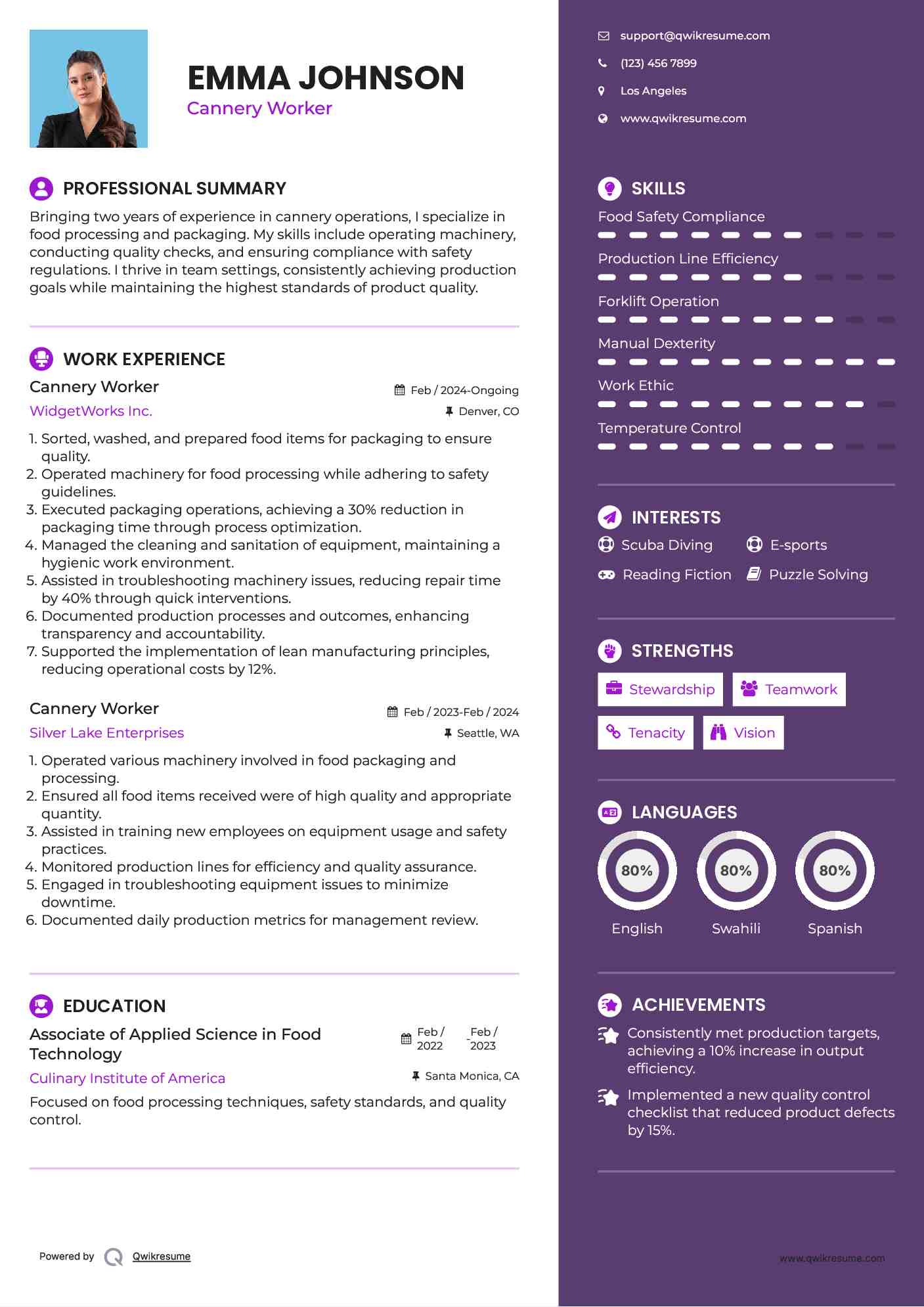 Cannery Worker Resume Example