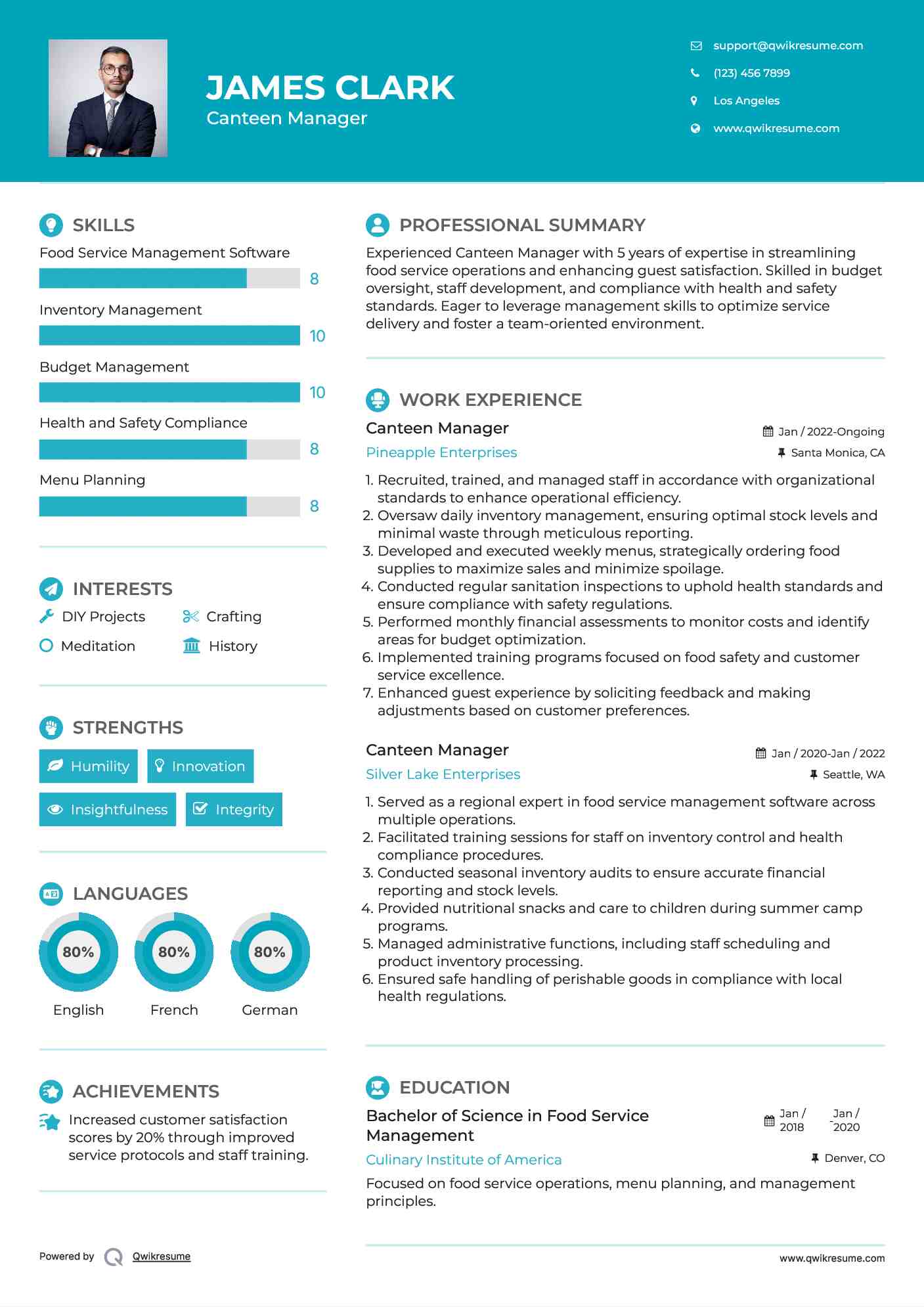 Canteen Manager Resume Samples QwikResume