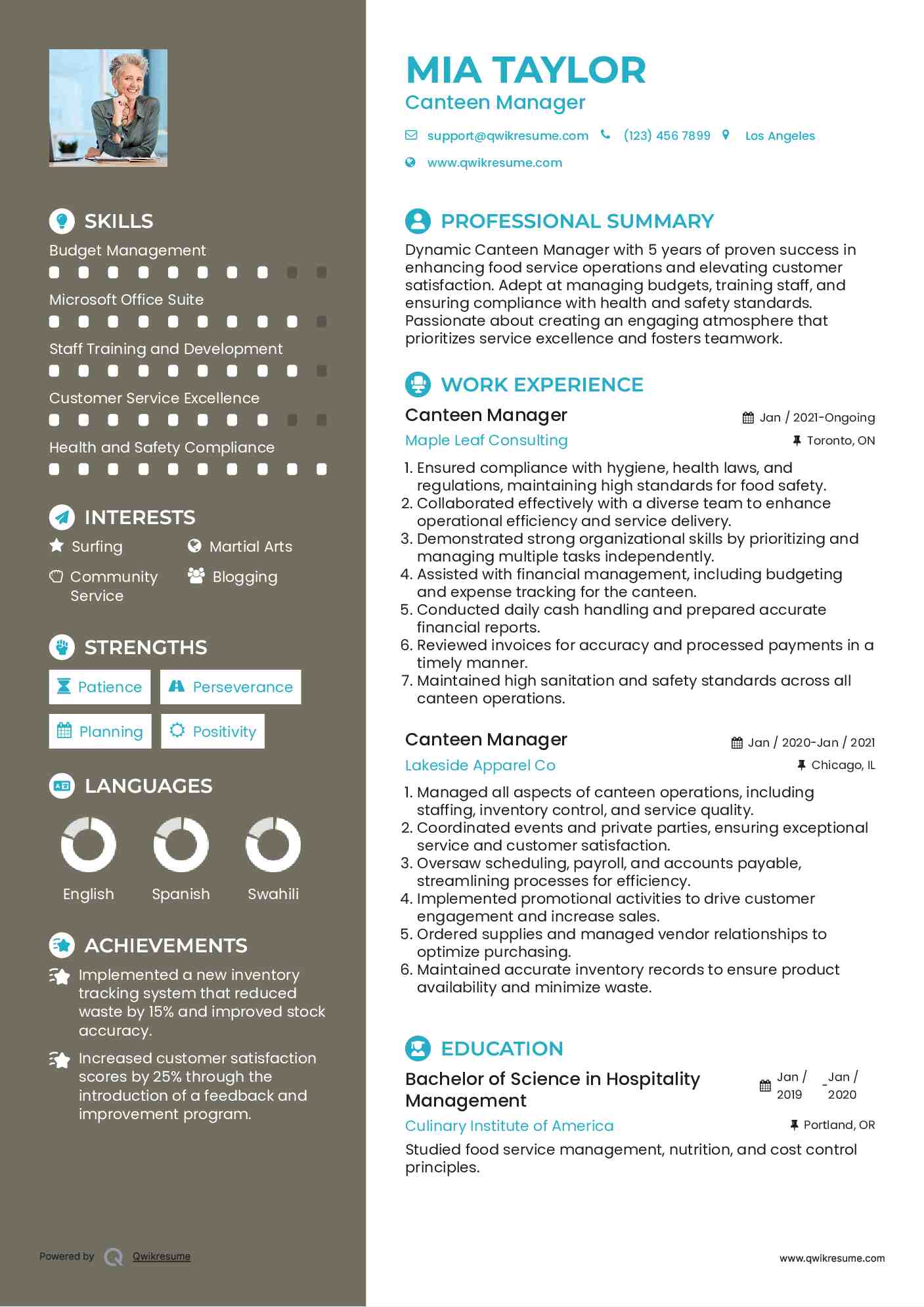 Canteen Manager Resume Model