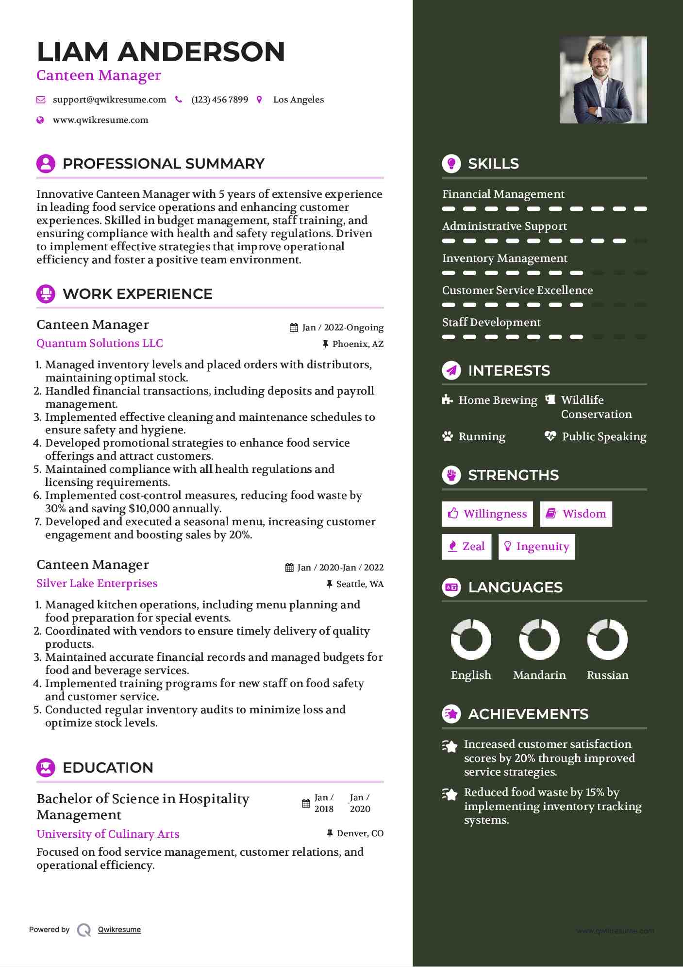 Canteen Manager Resume example