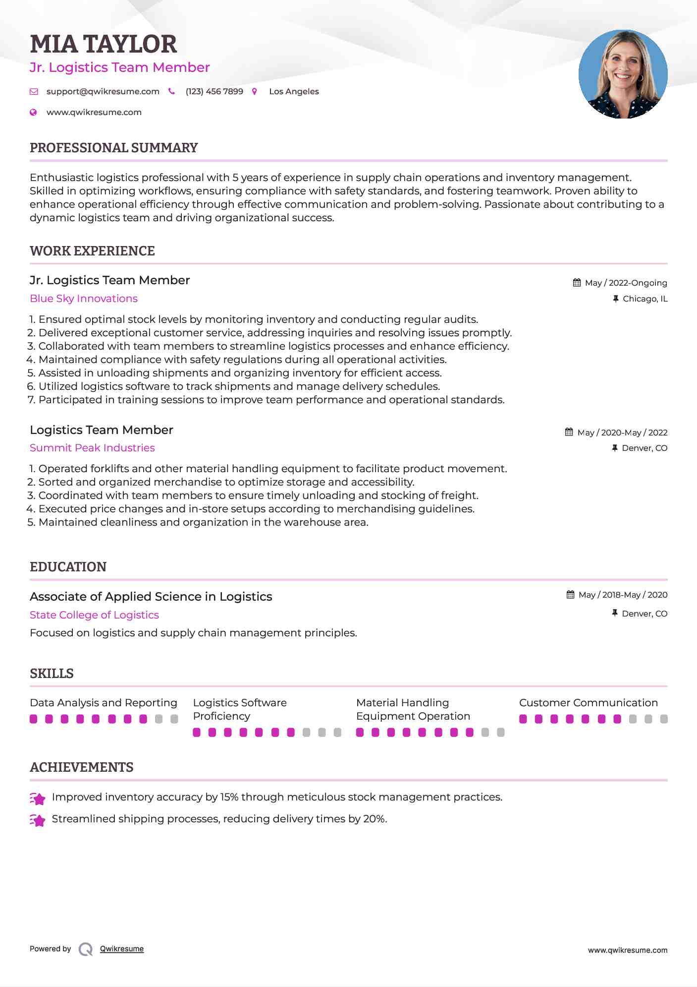 Jr. Logistics Team Member Resume Model