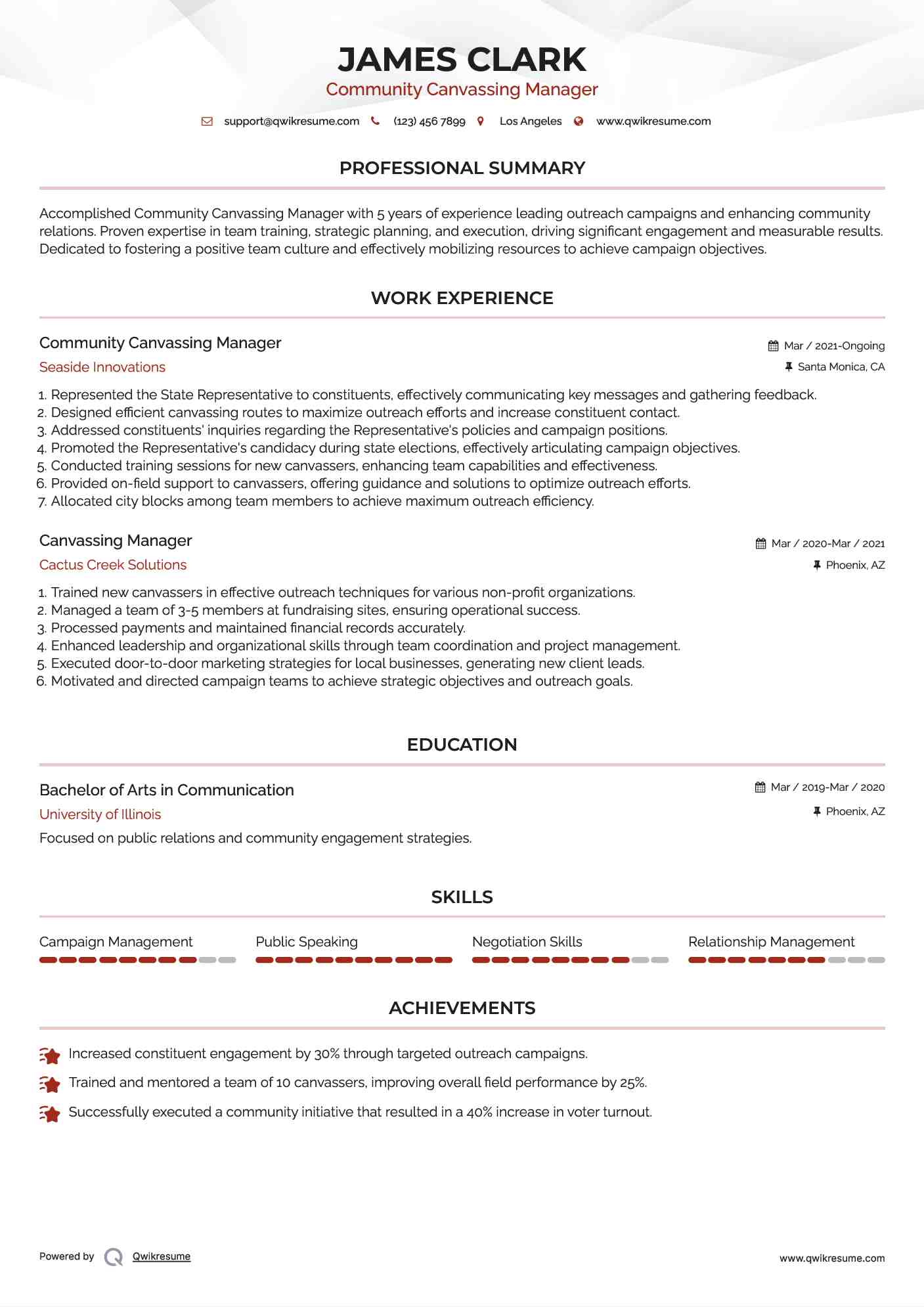 Community Canvassing Manager Resume Format