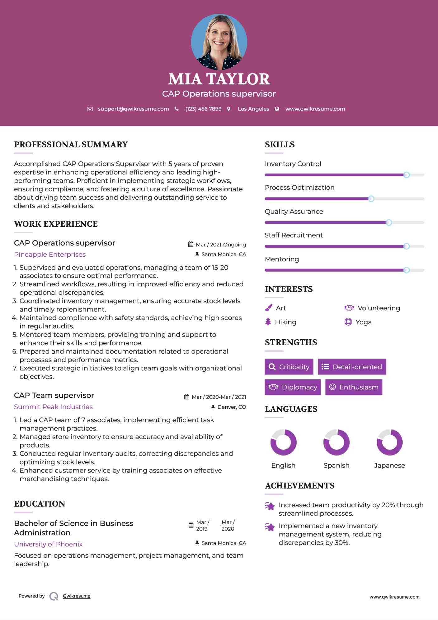 CAP Operations supervisor Resume Template