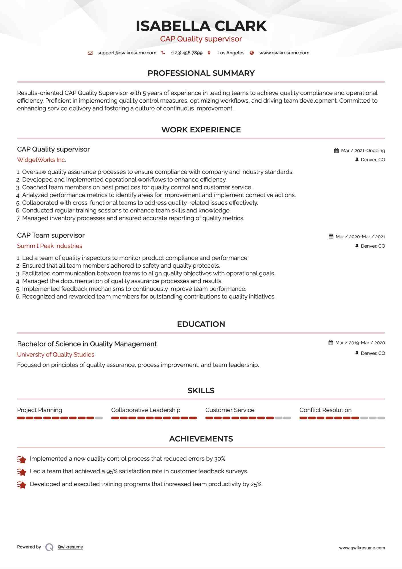 CAP Quality supervisor Resume Model