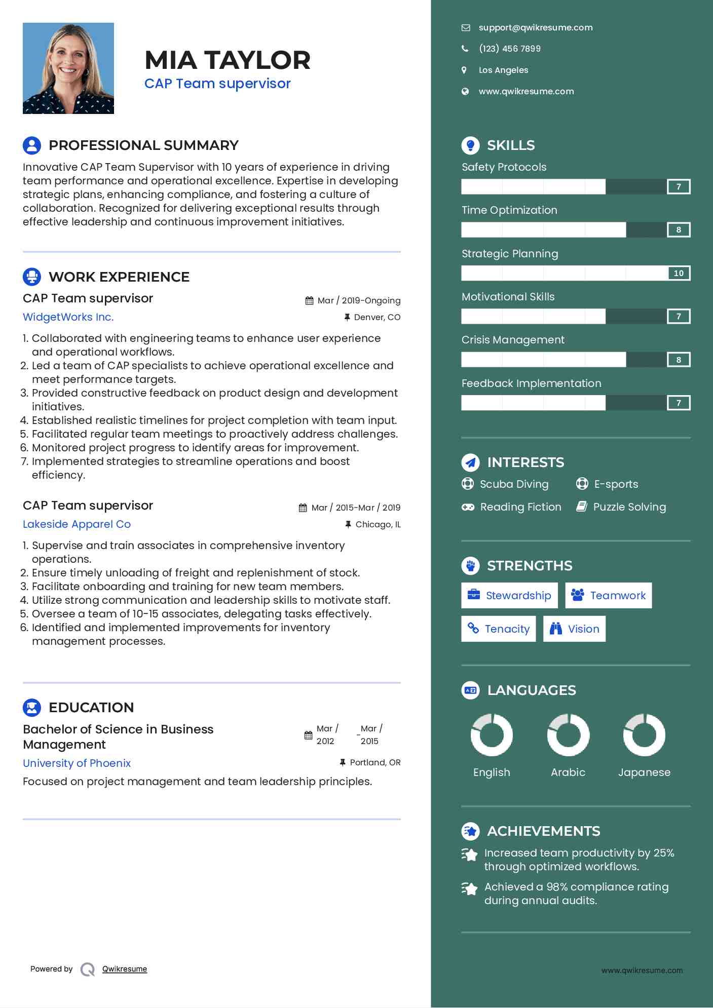 CAP Team supervisor Resume Sample