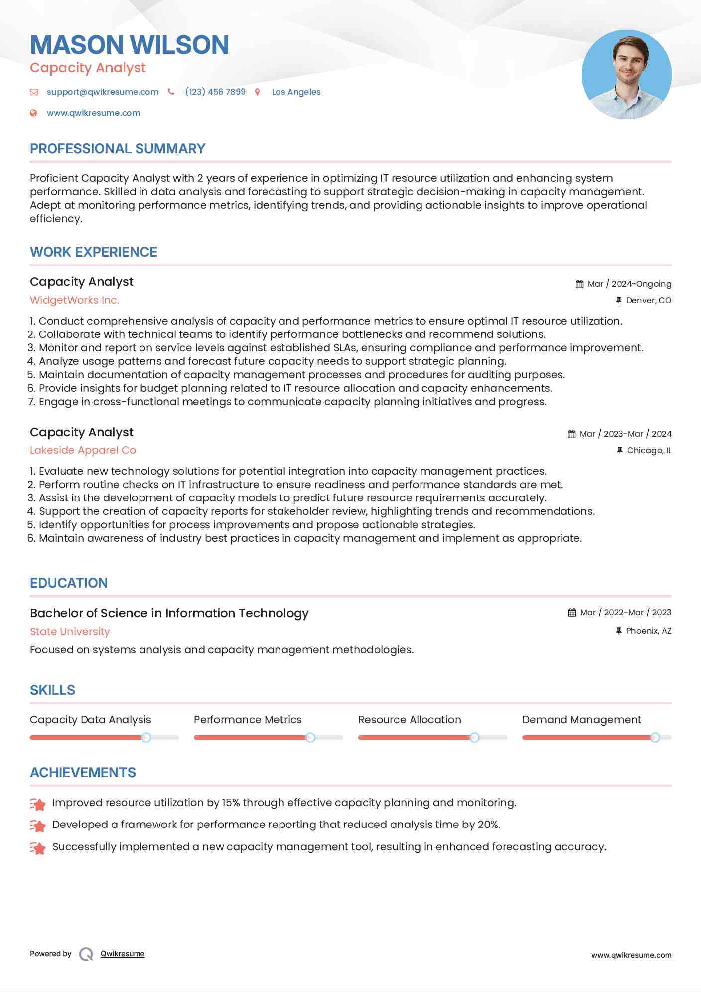 Capacity Analyst Resume Template