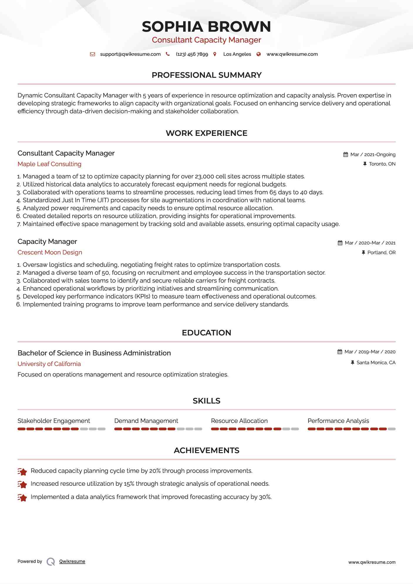 Consultant Capacity Manager Resume Model