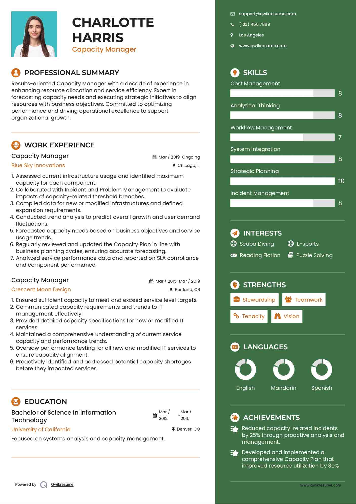 Capacity Manager Resume Example