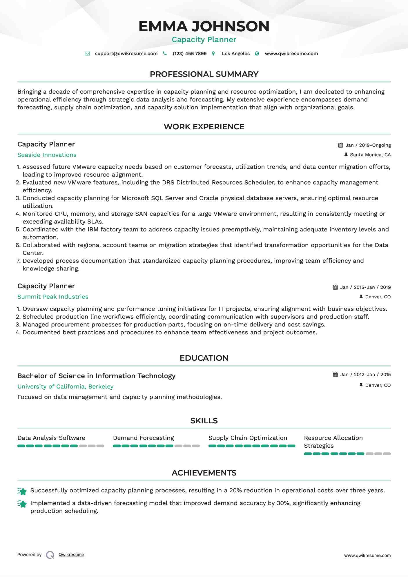 Capacity Planner Resume Example