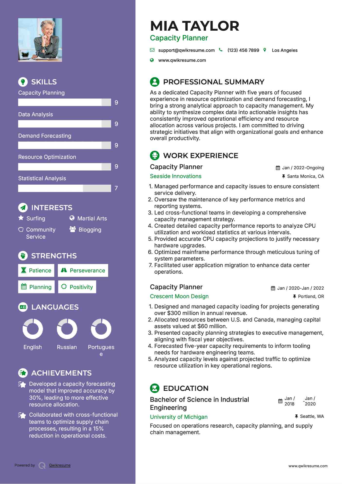 Capacity Planner Resume Example