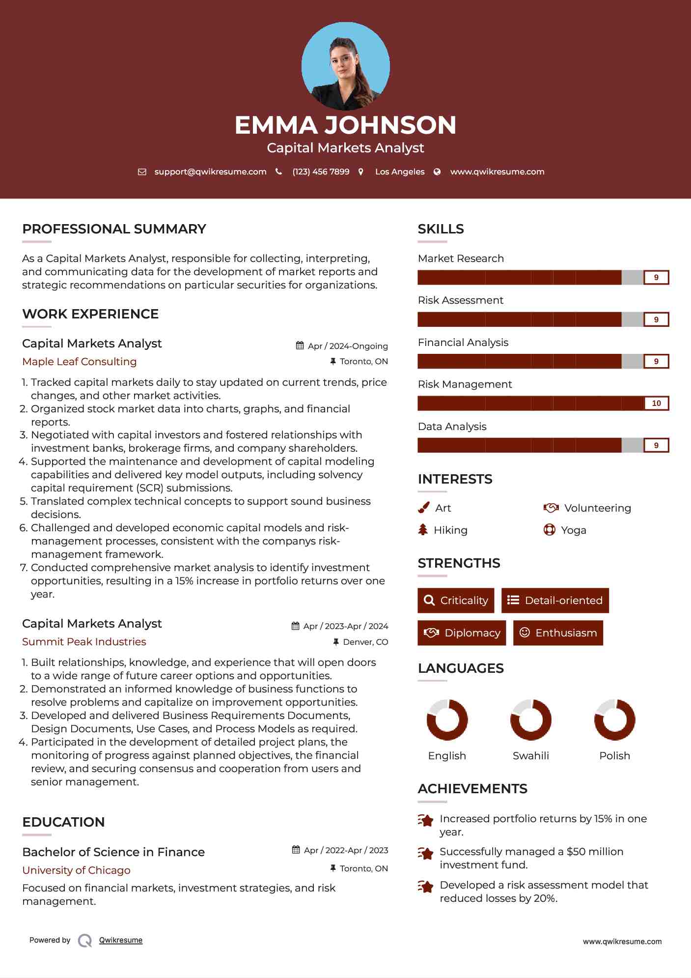 Capital Markets Analyst Resume Sample