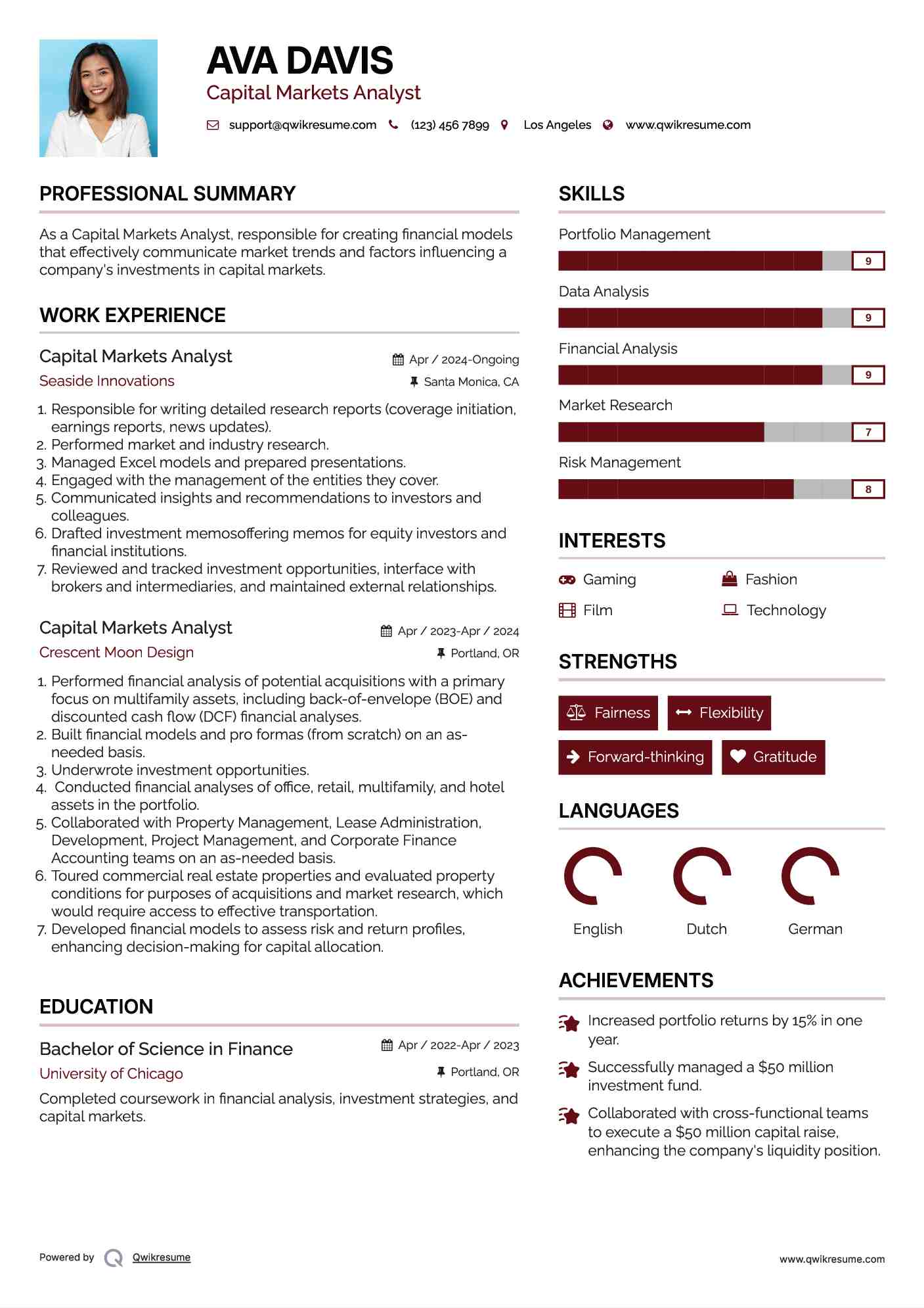 Capital Markets Analyst Resume Sample